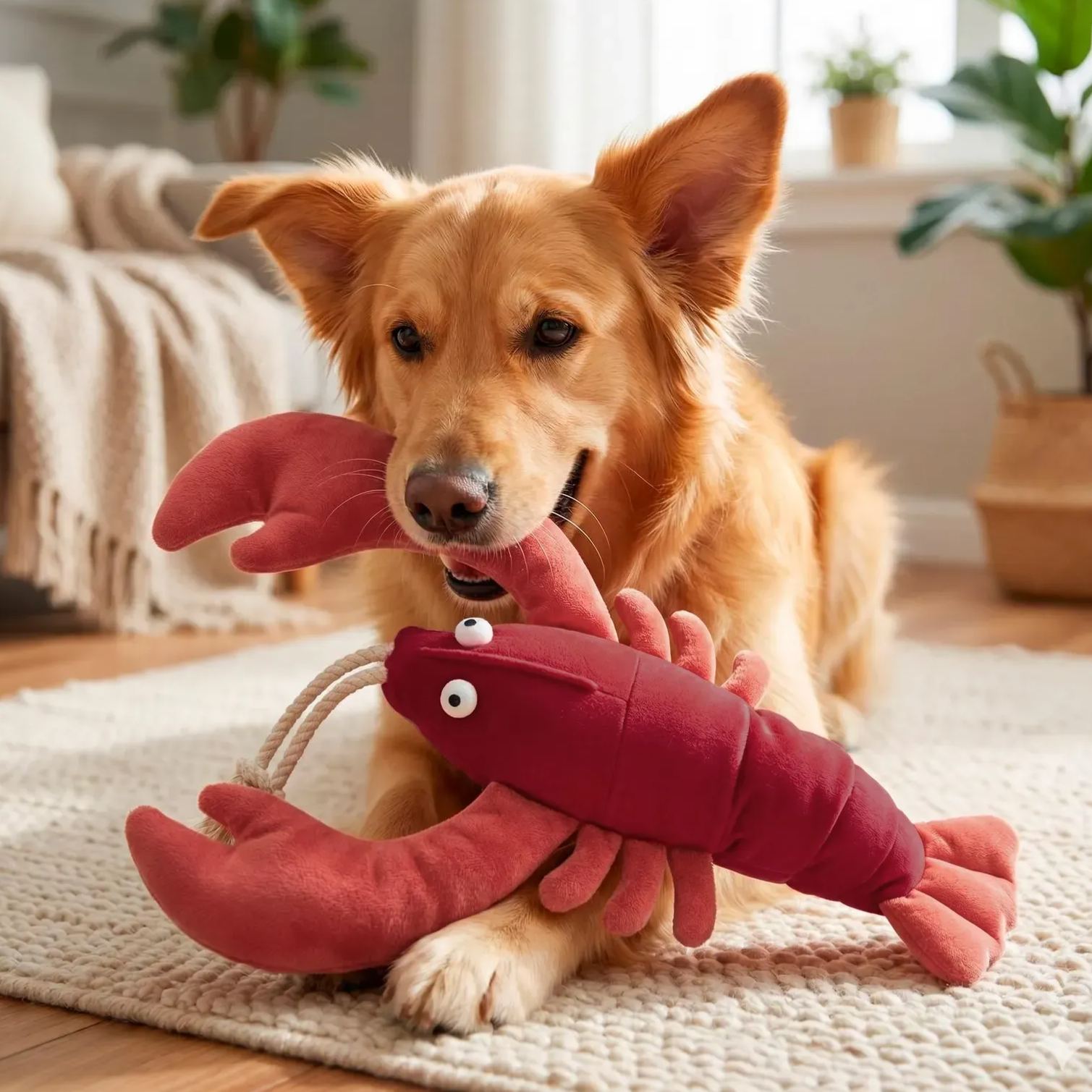 Plush Lobster Dog Toy, Squeaky Interactive Plush Toy for Medium & Large Dogs, Durable Ocean Animal Chew Toy