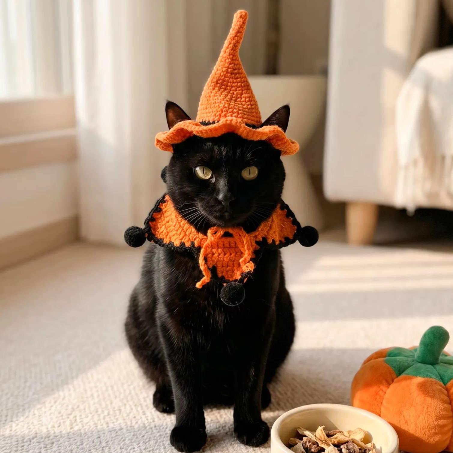 Crochet Halloween Pet Costume Hat and Collar Set, Handmade Witch Hat and Star Cape for Cats and Small Dogs, Cute Halloween Cat Costume, Gift for Dog Lovers & Pet Lovers