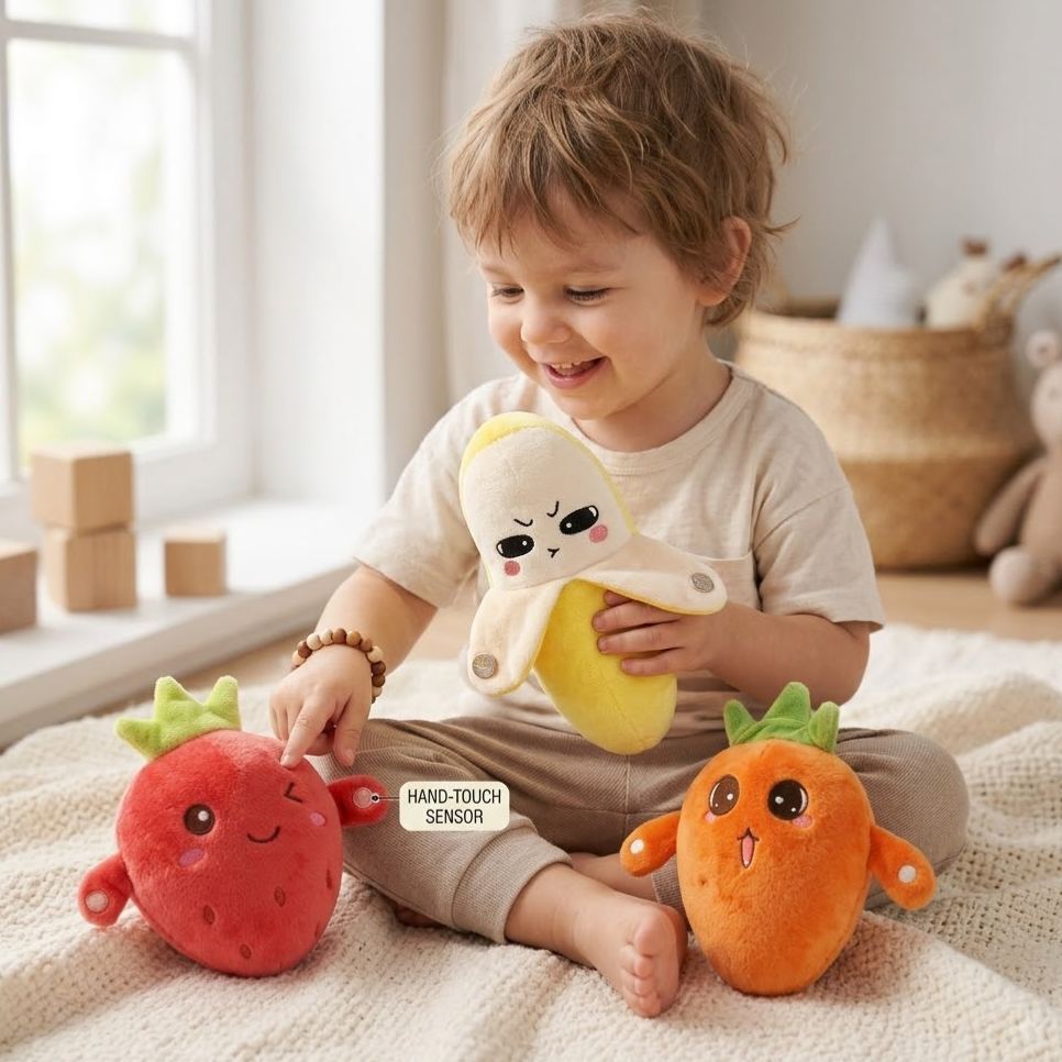 Interactive Plush Toys, Musical Stuffed Animals, Singing Dancing Fruit Doll with LED Lights, Touch Sensitive Electronic Plushie, Educational Sensory Toy Gift for Kids Toddlers