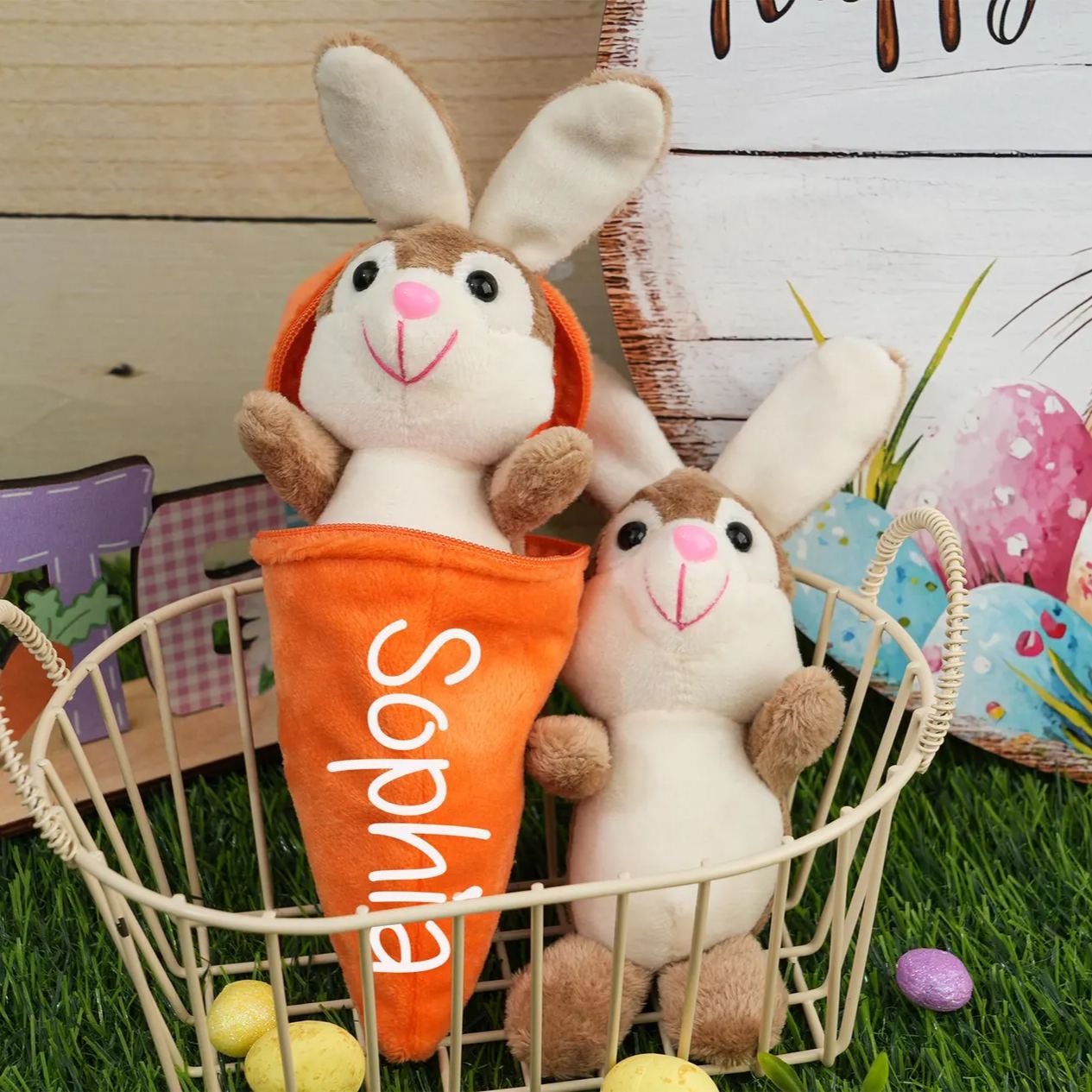 Personalized Dolls Stuffed Bunny Plushie with Zipper Carrot Pouch, Free Custom Name Soft Gift