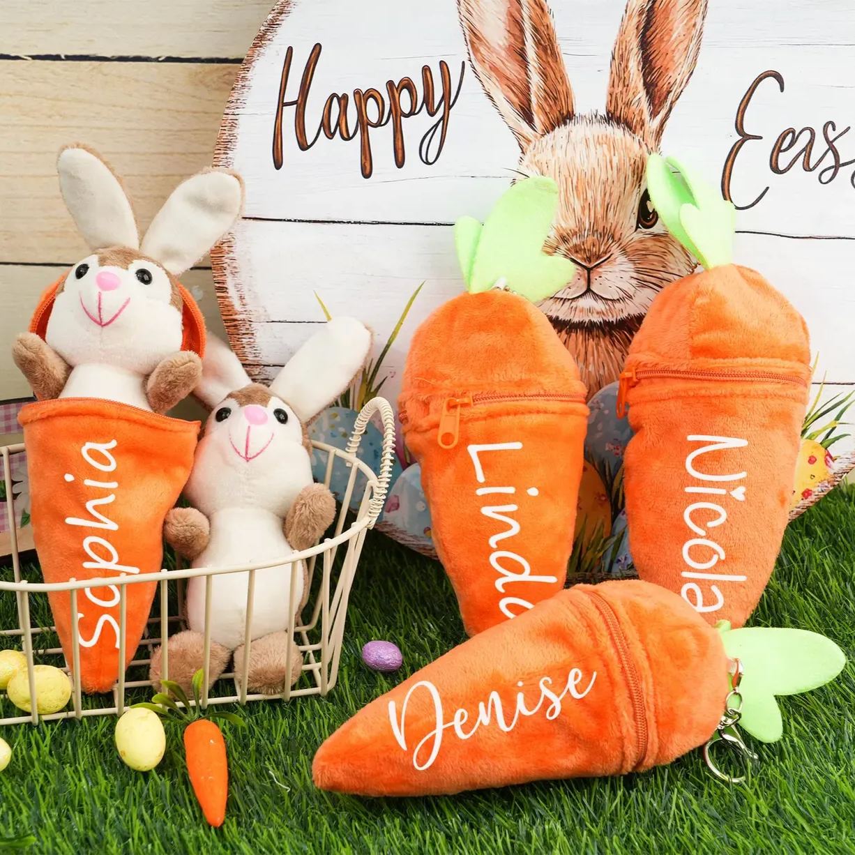 Personalized Dolls Stuffed Bunny Plushie with Zipper Carrot Pouch, Free Custom Name Soft Gift