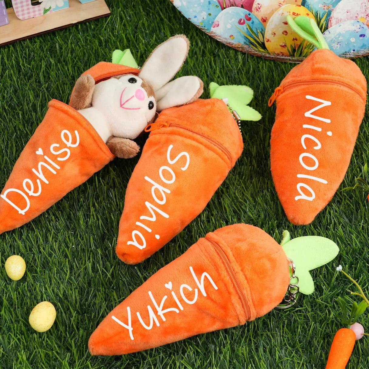 Personalized Dolls Stuffed Bunny Plushie with Zipper Carrot Pouch, Free Custom Name Soft Gift