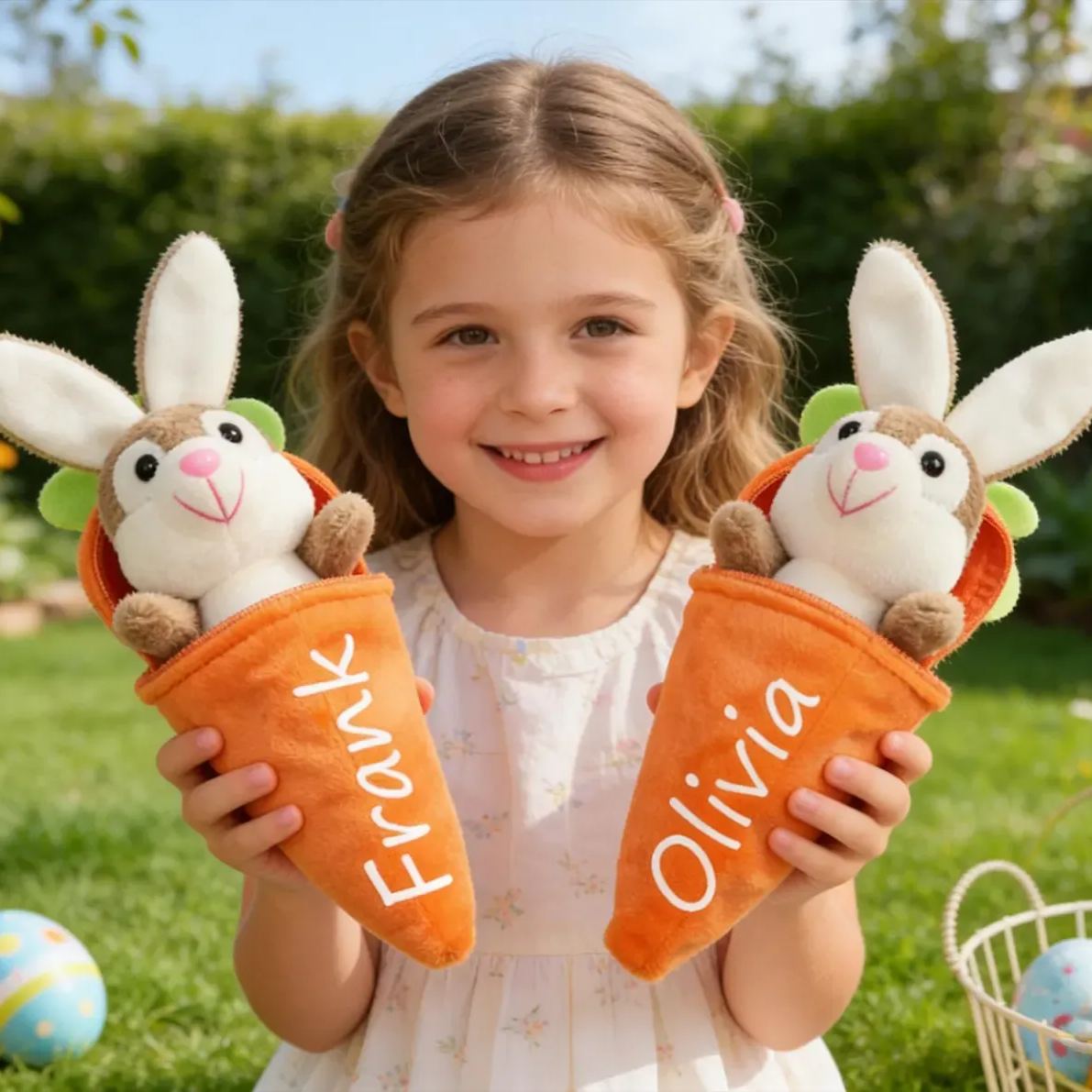 Personalized Dolls Stuffed Bunny Plushie with Zipper Carrot Pouch, Free Custom Name Soft Gift