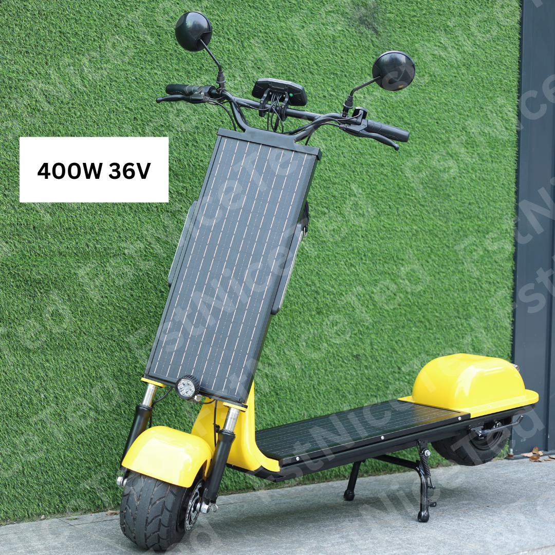 Solar Powered Electric E-Scooter With 2 Solar Panels 2024 Model - Seat & Bag - 400W 36V 