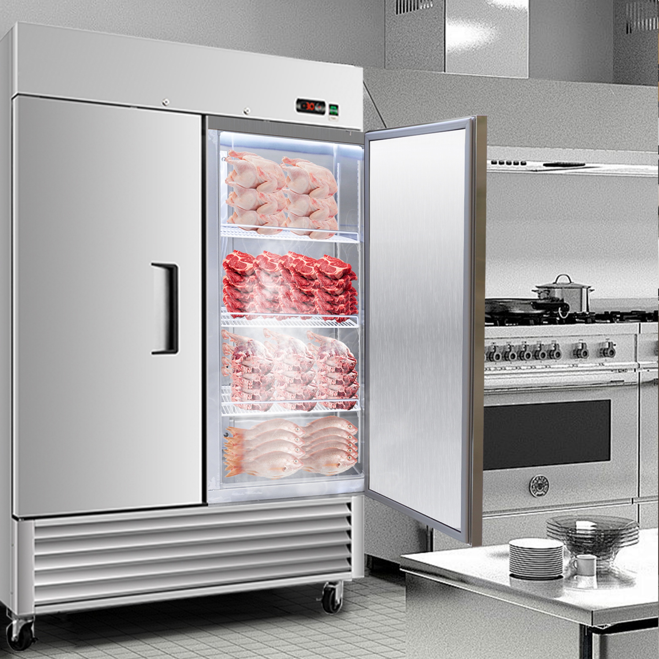 QEEKA 54"W 2 Door Commercial Freezer,Stainless Steel Interior and Exterior for Restaurant,Bar,Shop