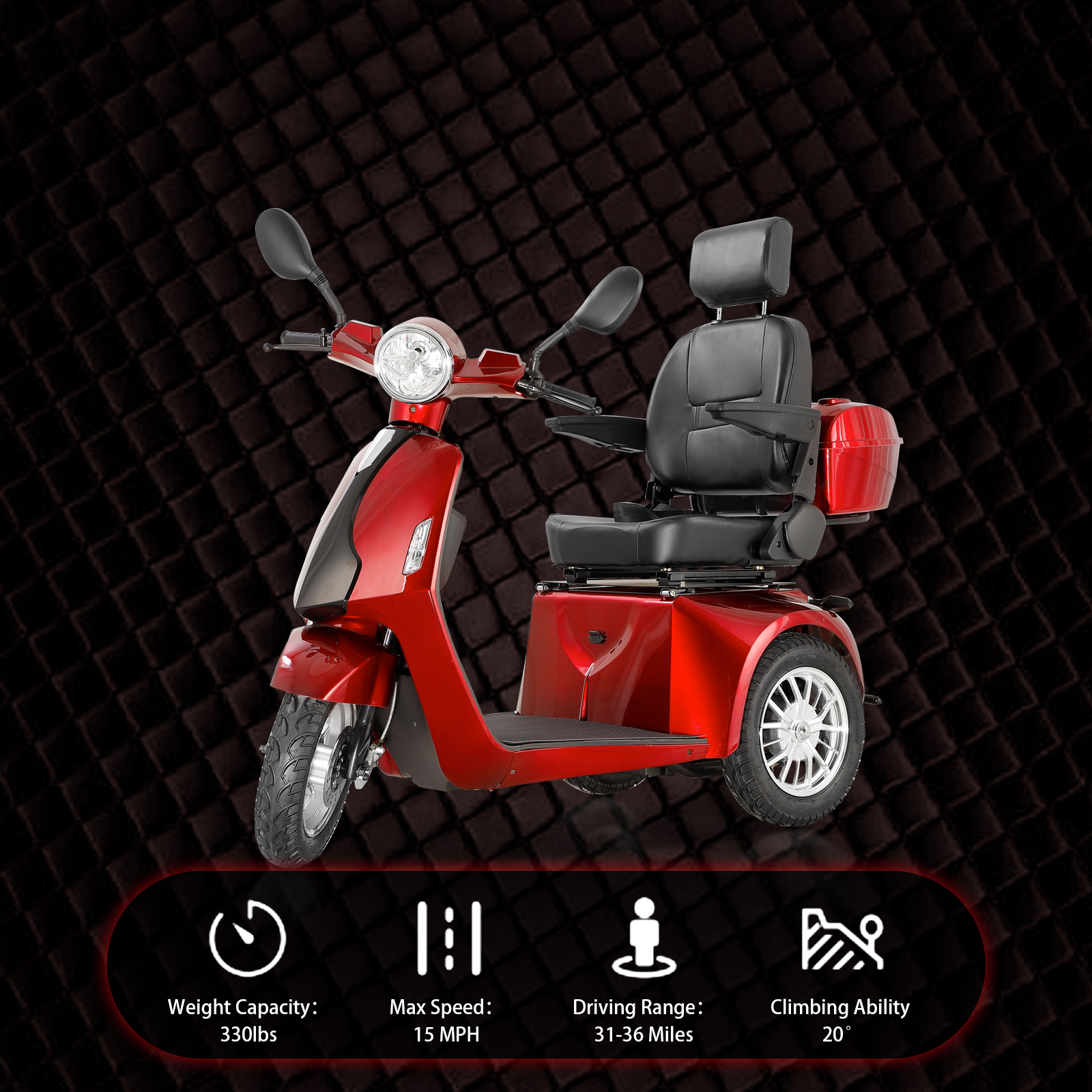 QEEKA Heavy-Duty 3-Wheel Mobility Scooter with Adjustable Seat Backrest & Height, Red, 330 lb Limit