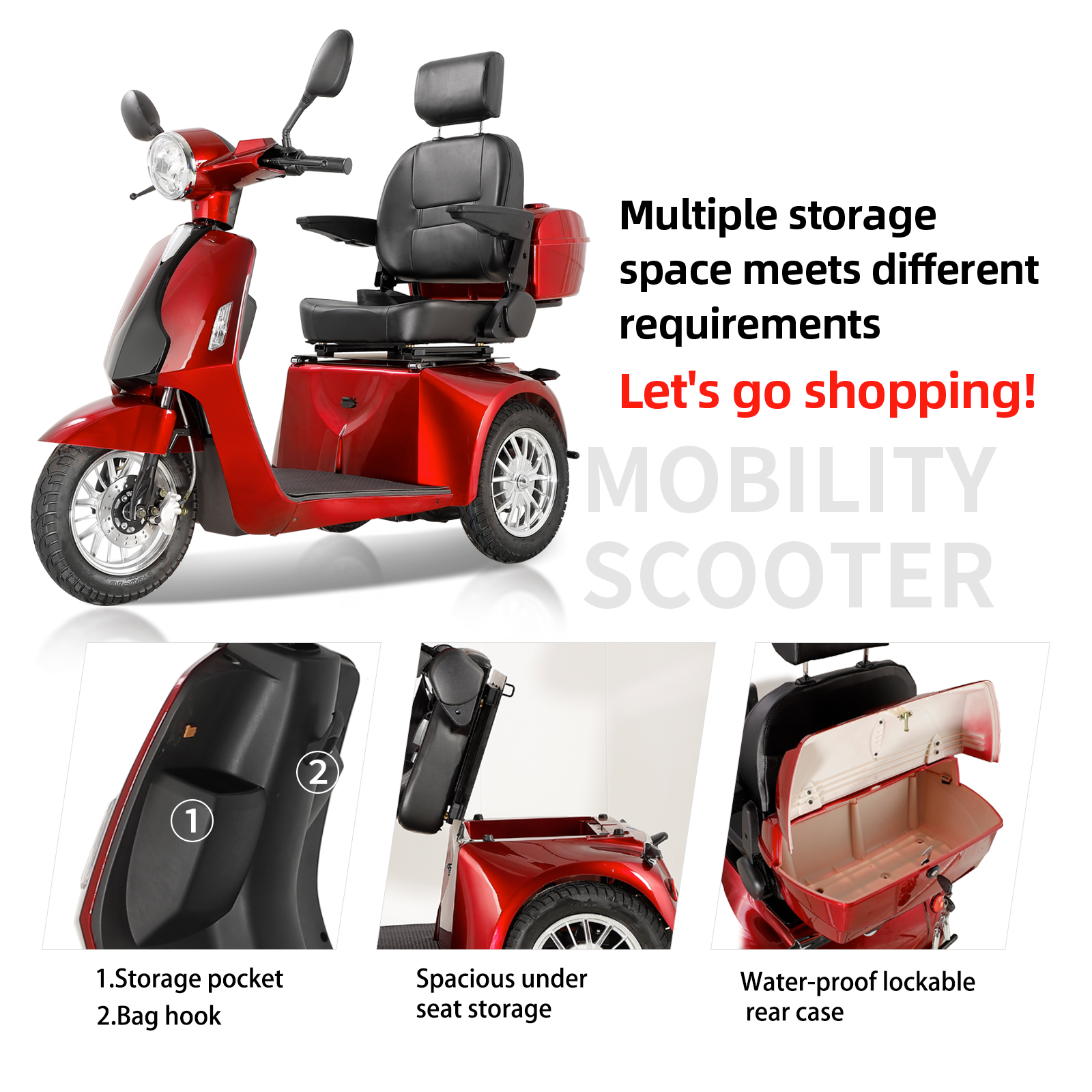 QEEKA Heavy-Duty 3-Wheel Mobility Scooter with Adjustable Seat Backrest & Height, Red, 330 lb Limit
