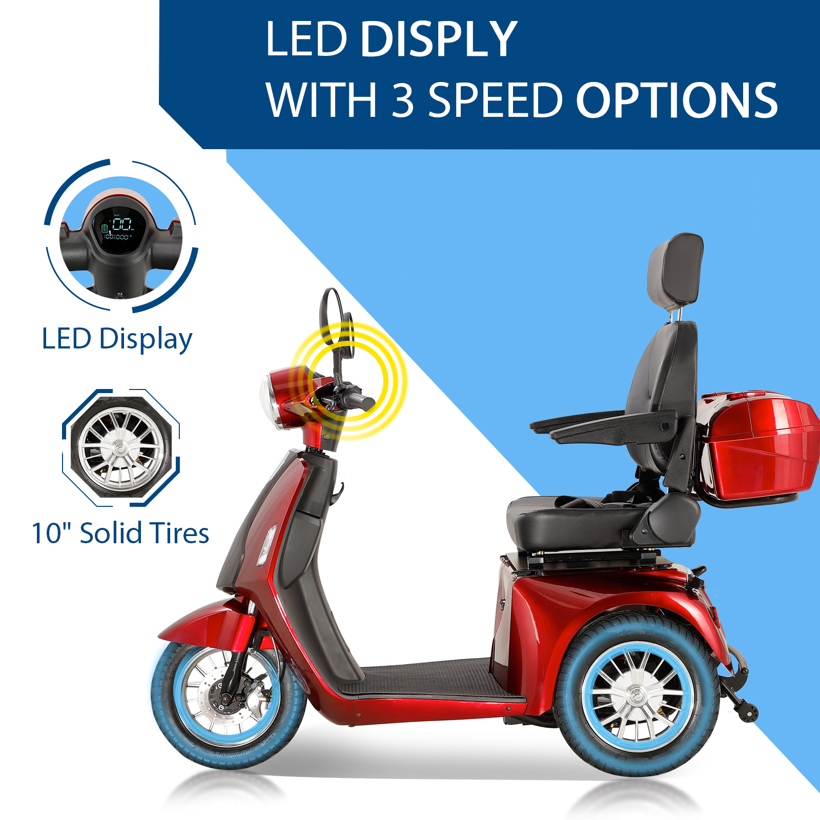 QEEKA Heavy-Duty 3-Wheel Mobility Scooter with Adjustable Seat Backrest & Height, Red, 330 lb Limit