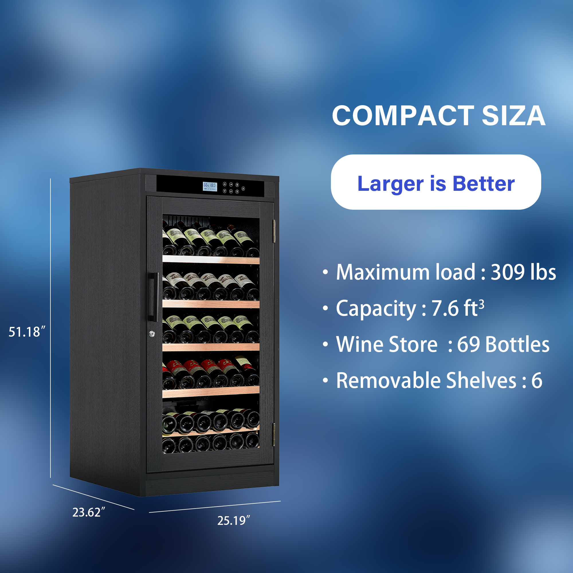 CTOSPOATO 69 Bottle Wine Cooler,Compressor Wine Cabinet with LED Touch Screen,Constant Temperature & Humidity Control,Double-Layer Tempered Glass,Black Wood for Home Bar,Kitchen,Black