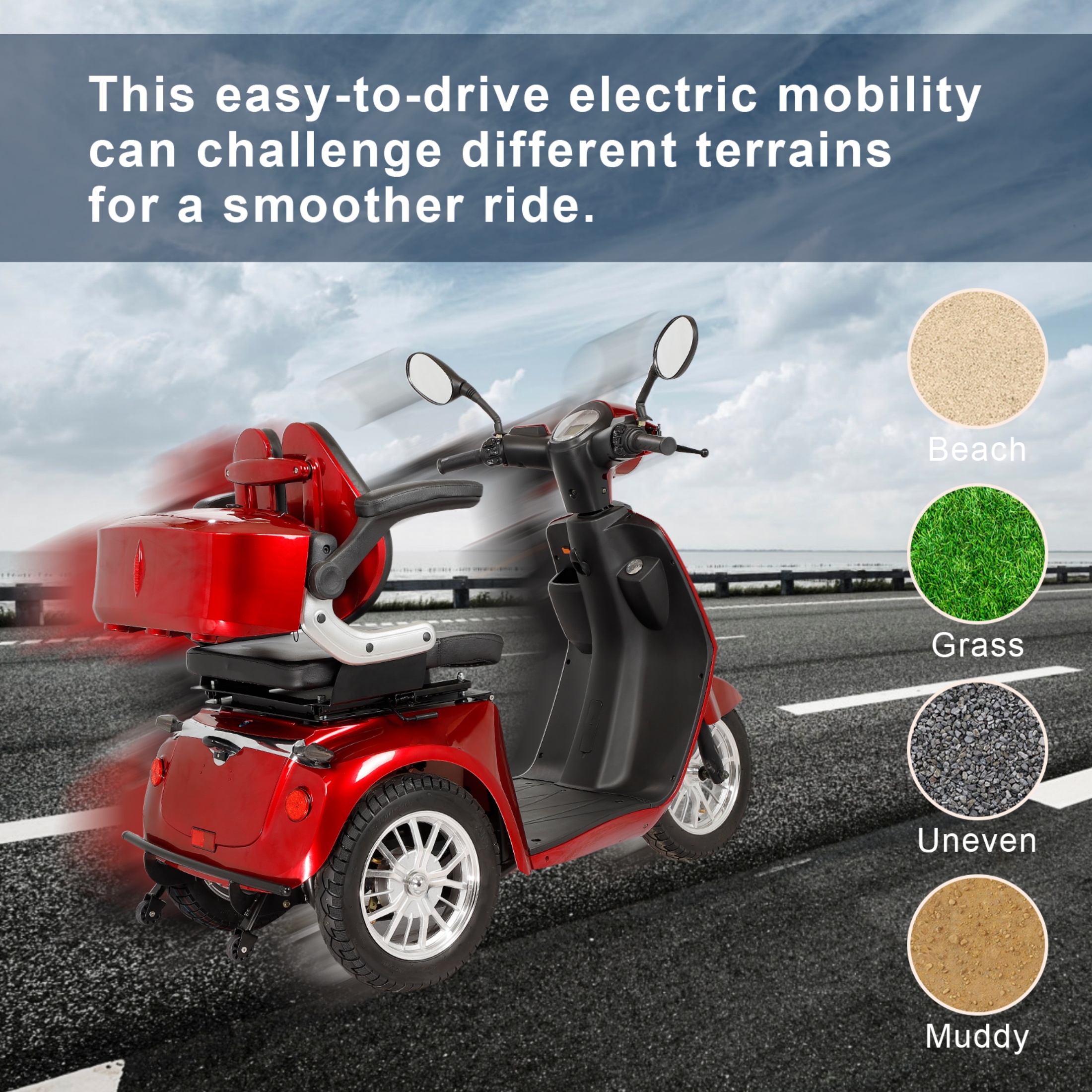 QEEKA Heavy Duty 3 Wheel Mobility Scooters for Seniors & Adults 500lbs Capacity,Red