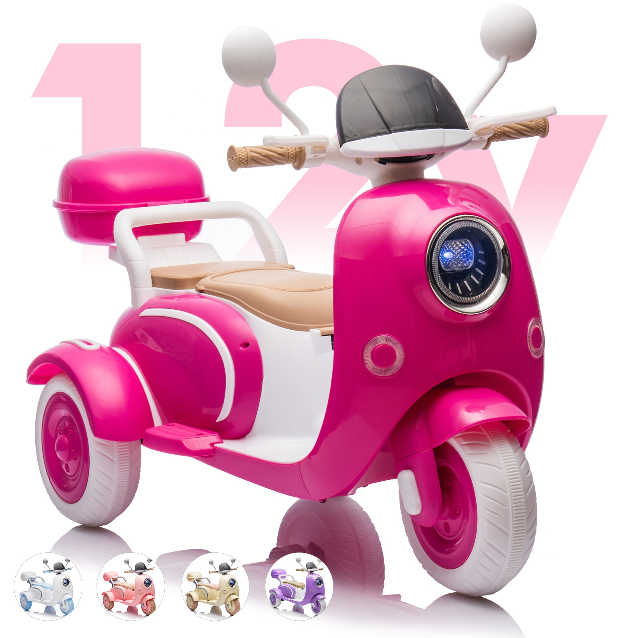 QEEKA 12V Electric Kids Motorcycle,2 Seater Ride on 3 Wheel Scooter,Multi-function player,USB,Bluetooth,light,Backseat flip adult seat,Oversized Storage Box for kids Aged 3-6