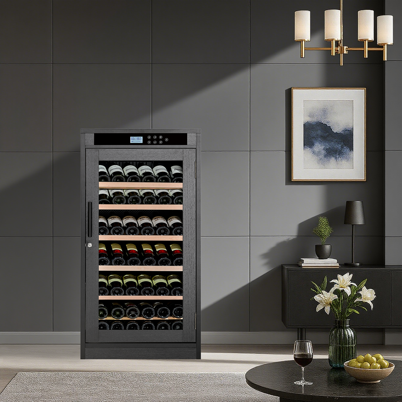 CTOSPOATO 69 Bottle Wine Cooler,Compressor Wine Cabinet with LED Touch Screen,Constant Temperature & Humidity Control,Double-Layer Tempered Glass,Black Wood for Home Bar,Kitchen,Black