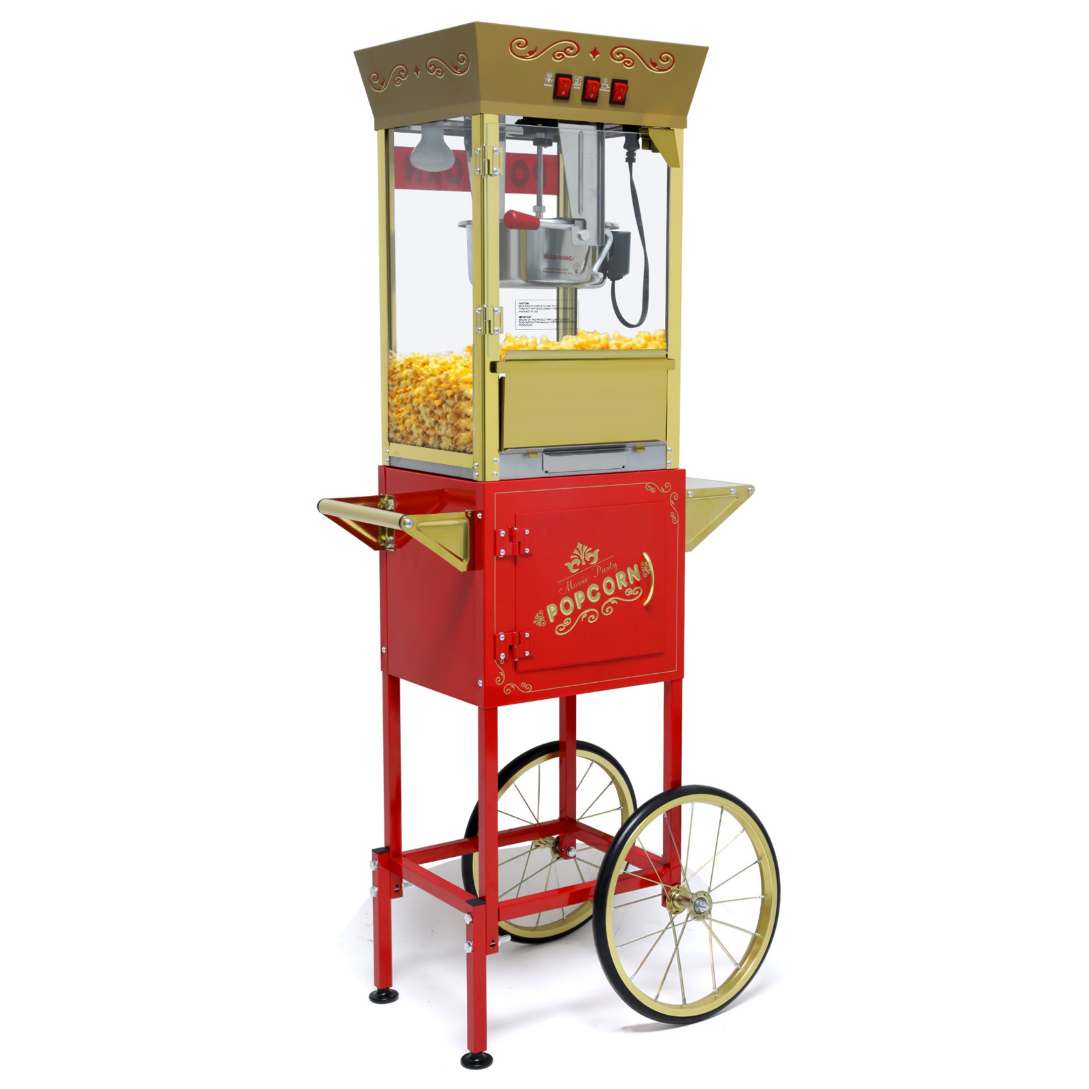 QEEKA 12 Oz Vintage Style Popcorn Machine with Cart - Stainless Steel Kettle,Tempered Glass Window & 8" Warming Shelf,for Theater,Parties and Concession Stands