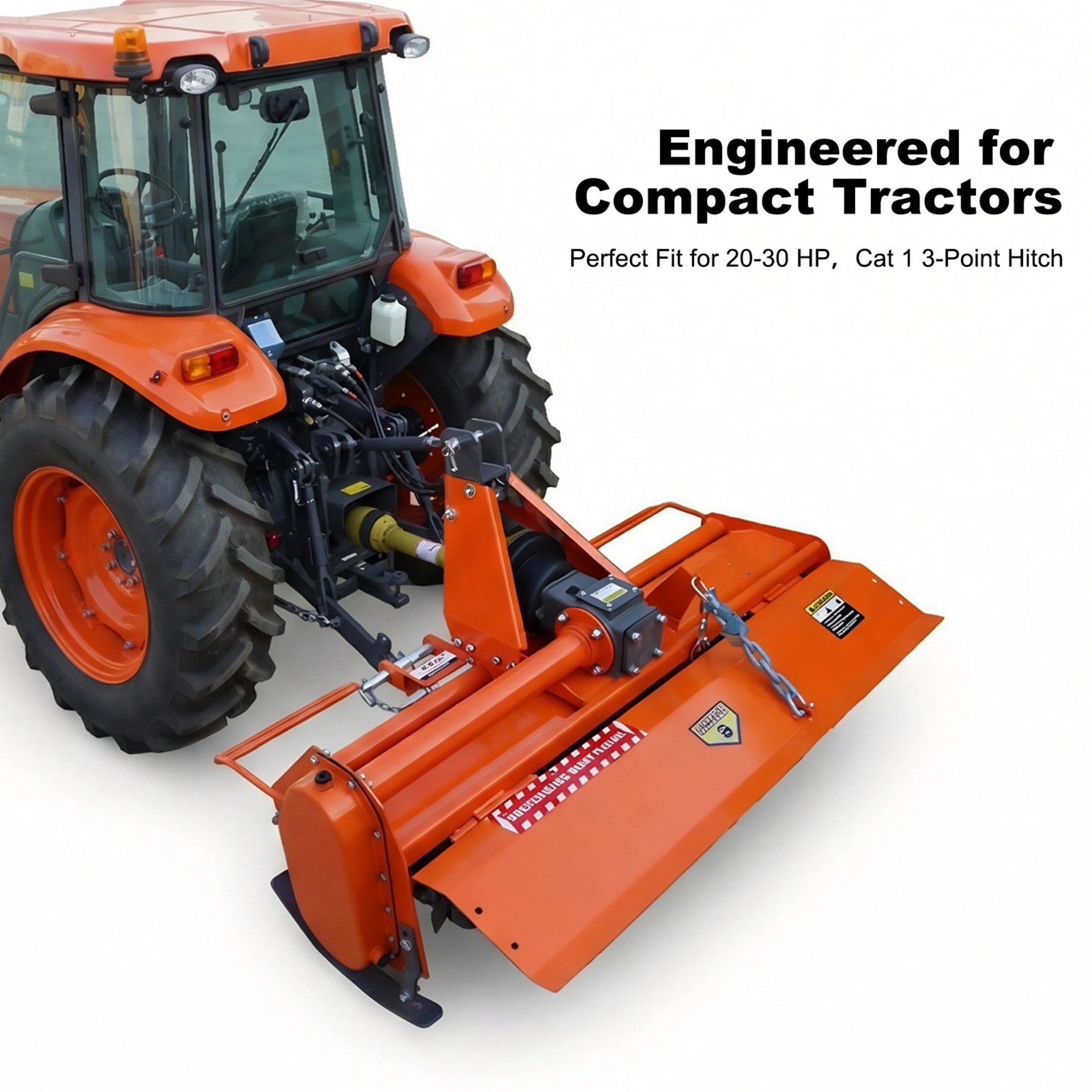 QEEKA 42" 3-Point Rotary Tiller Attachment for Category 1 Tractors - 540 RPM PTO Driven, 5" Deep Cultivator with Replaceable L-Shaped Tines,Orange