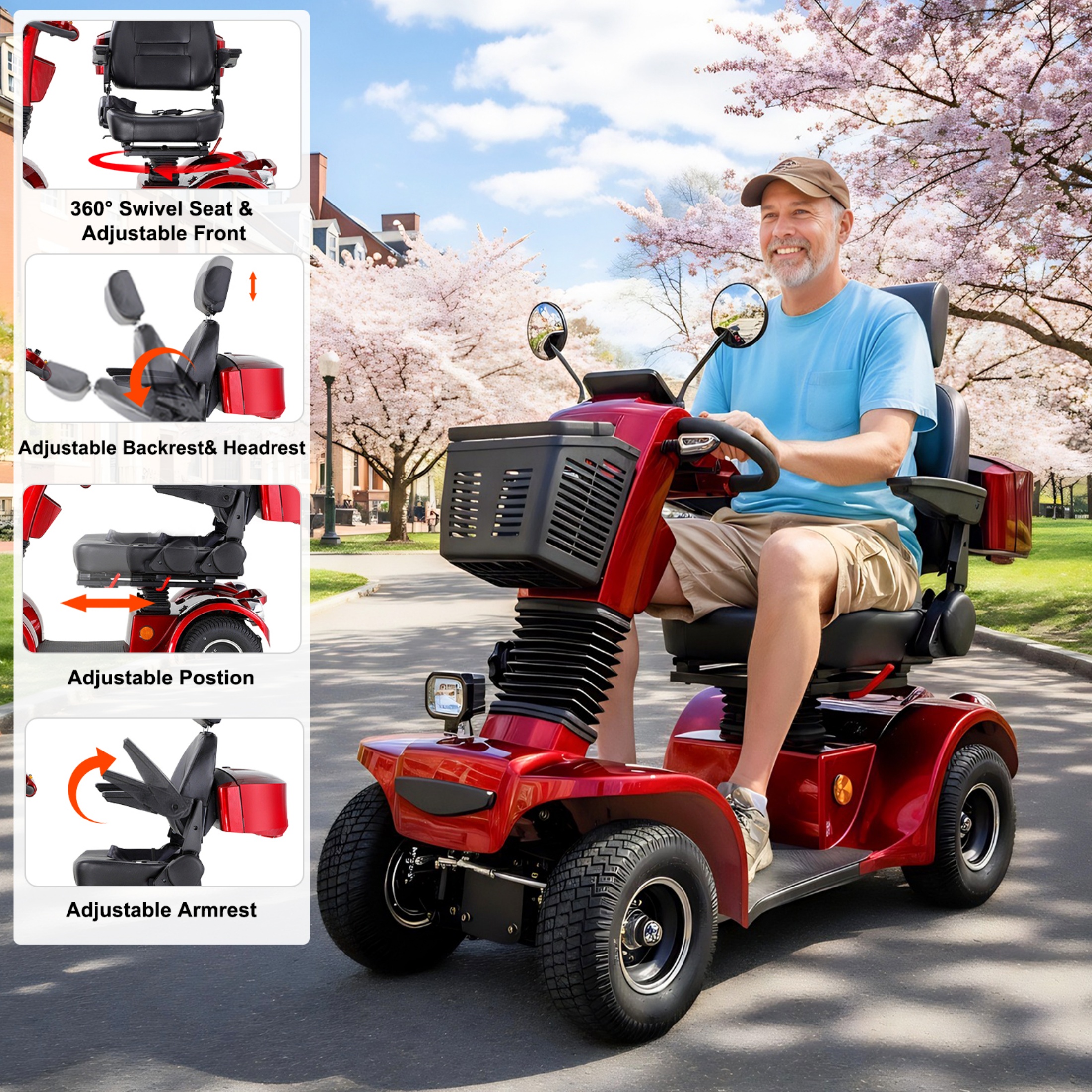 Xlluproid Heavy Duty 4 Wheel Mobility Scooter for Seniors & Adults,500lbs Capacity,800W 10MPH All Terrain Scooter with 31 Miles Range,3-Speed,USB Port,Remote Key & Adjustable Seat