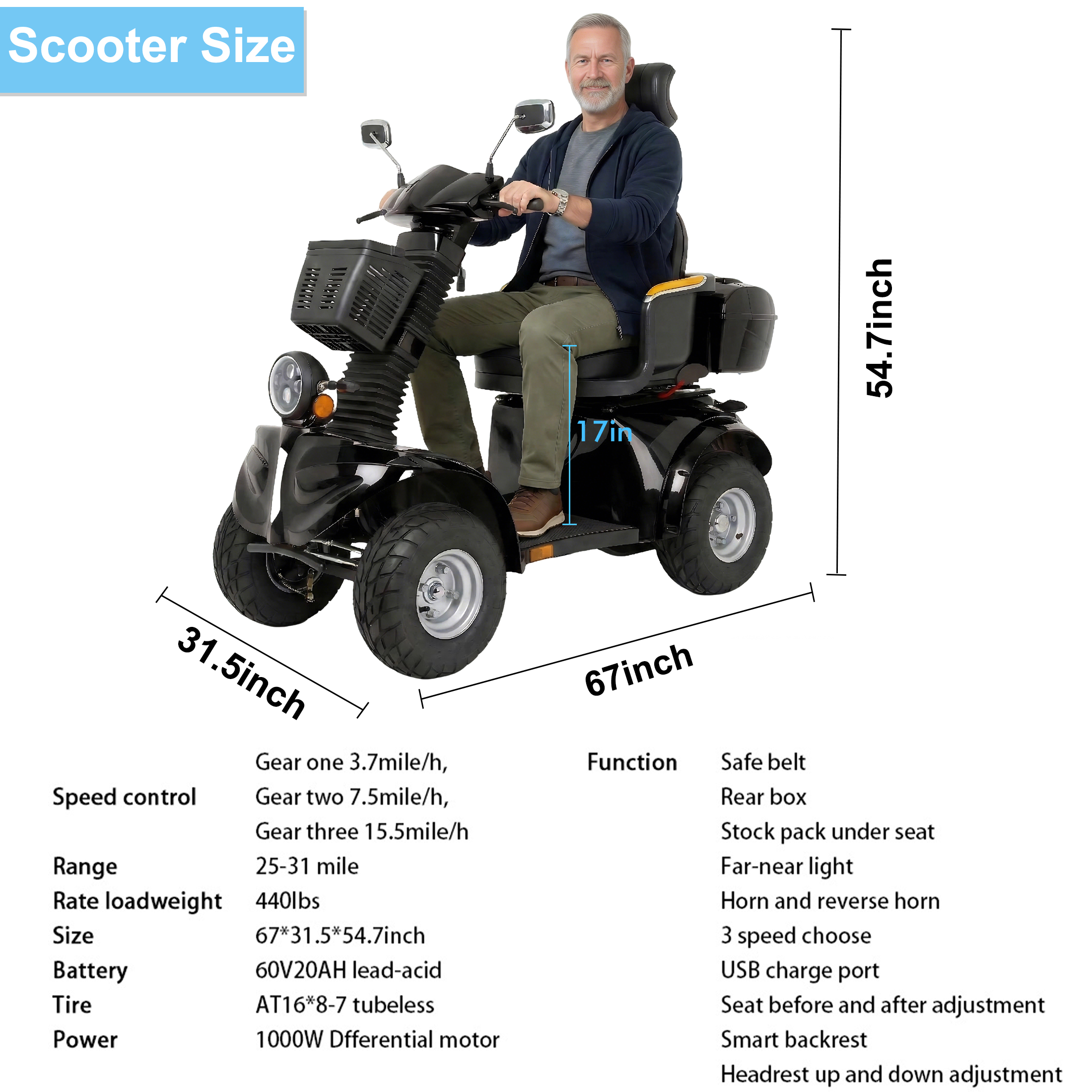 Xlluproid All Terrain Heavy Duty Mobility Scooter for Seniors & Adults,500 lbs Capacity,1000W 4 Wheel Electric Powered Scooter