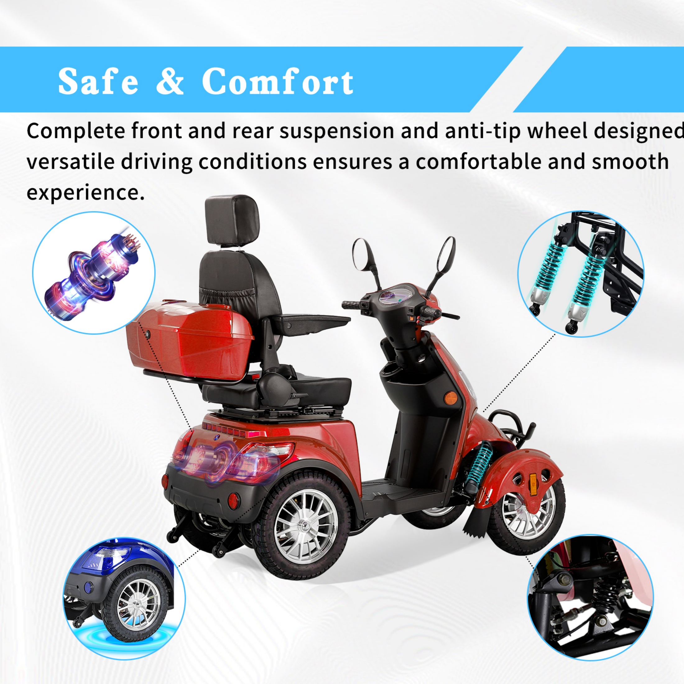 QEEKA Mobility Scooters,Heavy Duty 4 Wheel for Seniors & Adults 500lbs Capacity - Electric Powered Chair,800W,Red