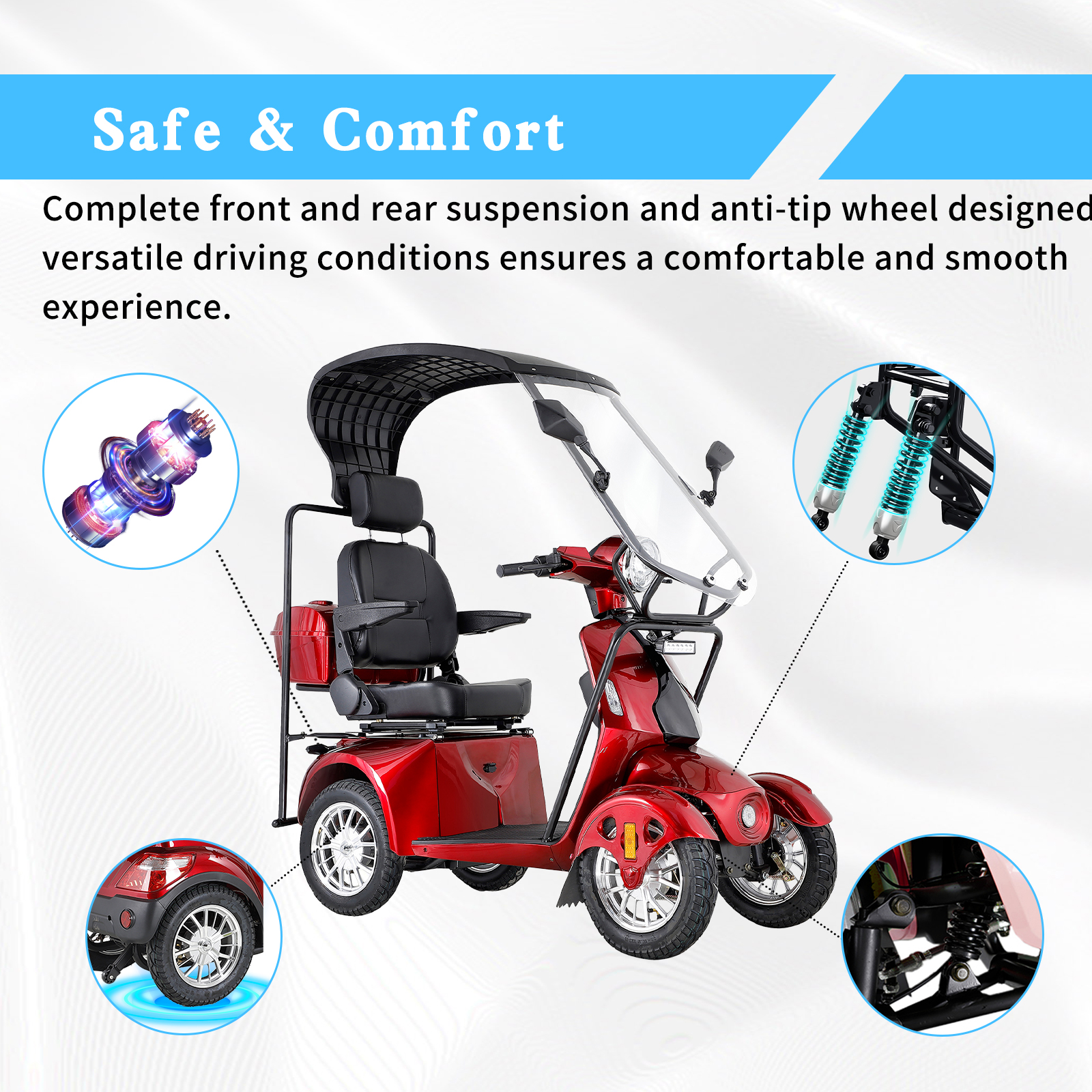 QEEKA Mobility Scooters for Seniors and Adults,Powered Mobility Scooters with Multiple Storage Space,500Lbs Capacity-800W,full LED Lighting,Red-roof