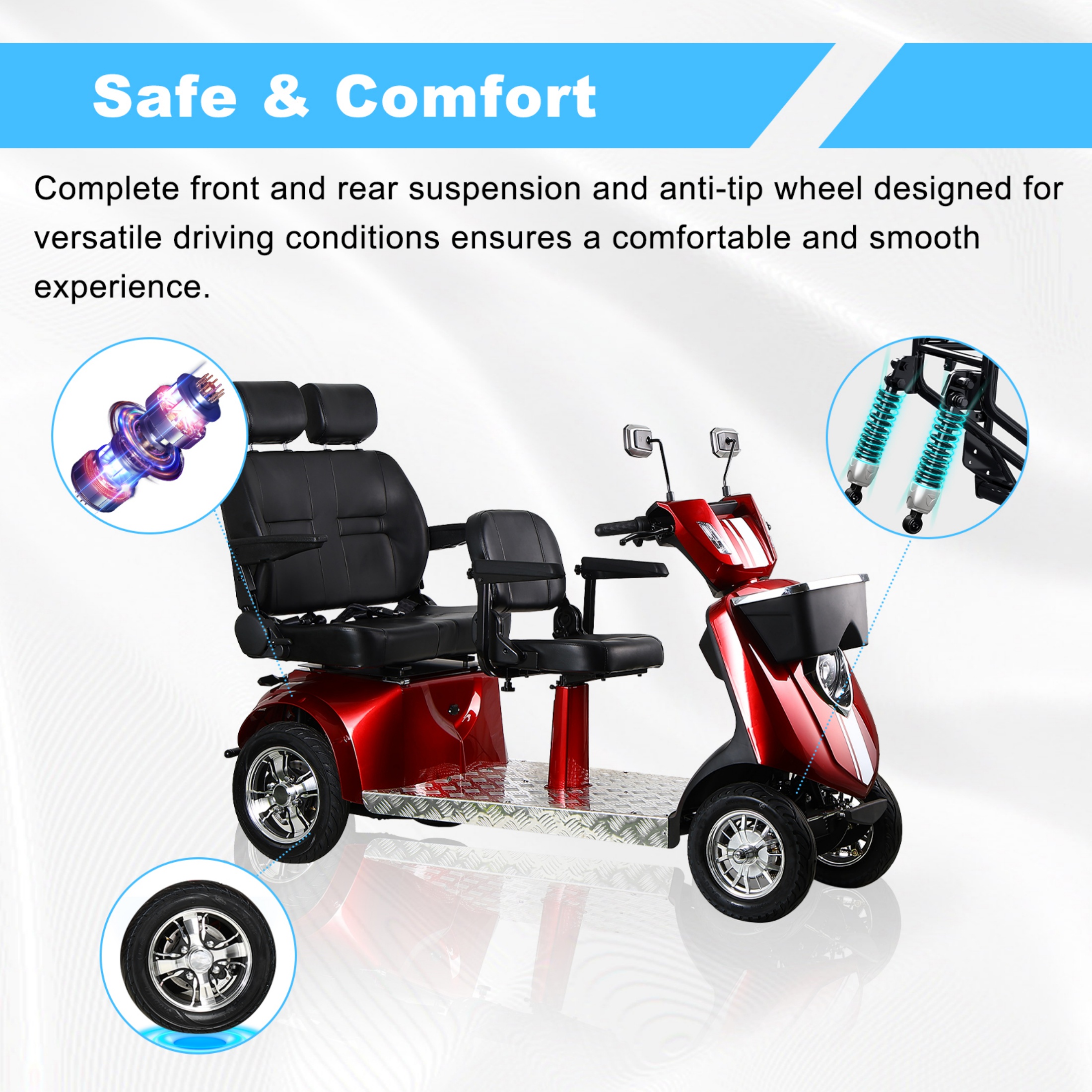 QEEKA Multi Seat Mobility Scooter,Size Robust Design, Stable & Comfortable for Travel,1000W Heavy Duty 4 Wheel Mobility Scooters 600Lbs,25-31 Miles of Range,Red