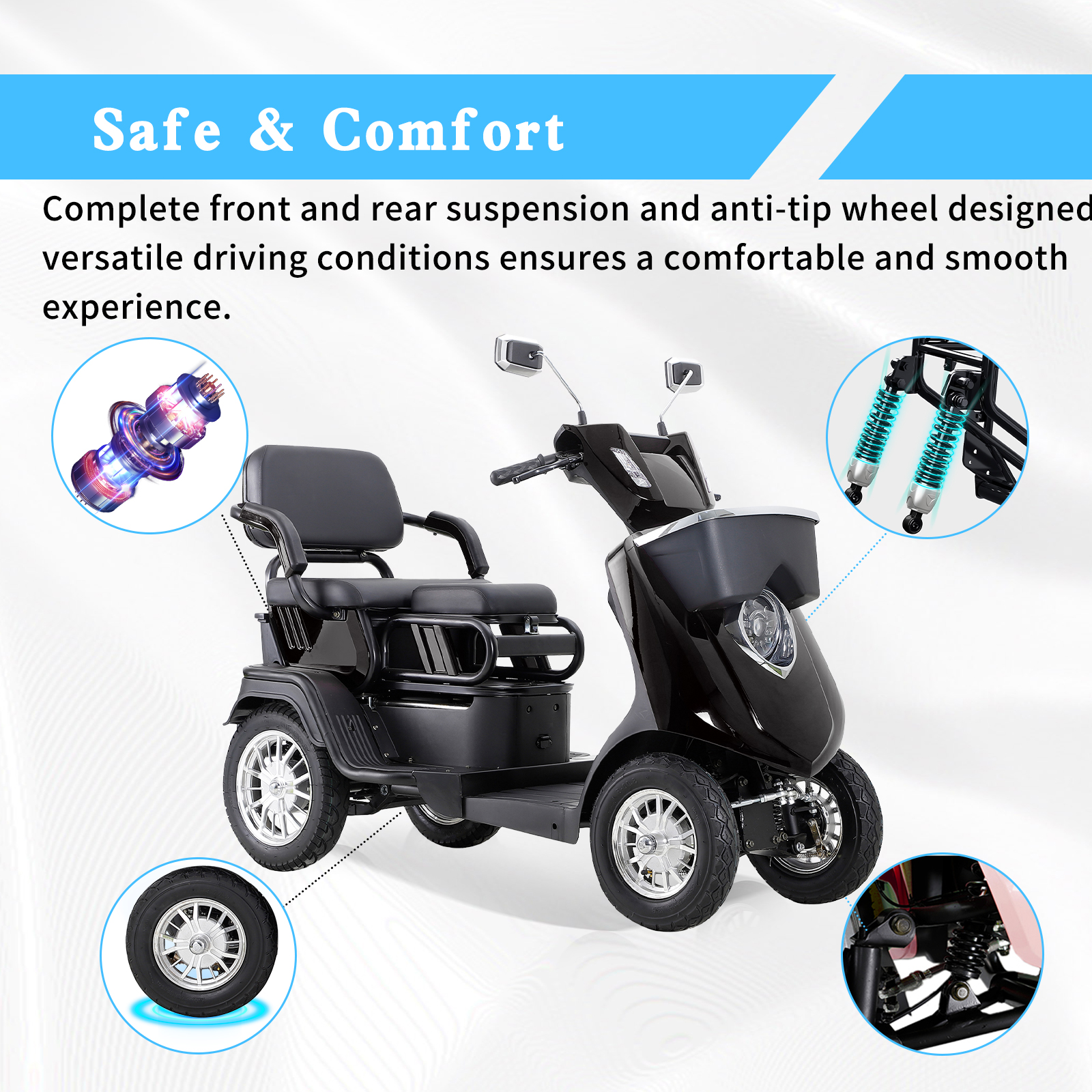 QEEKA 2-Seater Heavy-Duty All-Terrain Electric Mobility Scooter for Adults & Seniors,1000W Motor,500 LBS Capacity,Adjustable Seat,Black