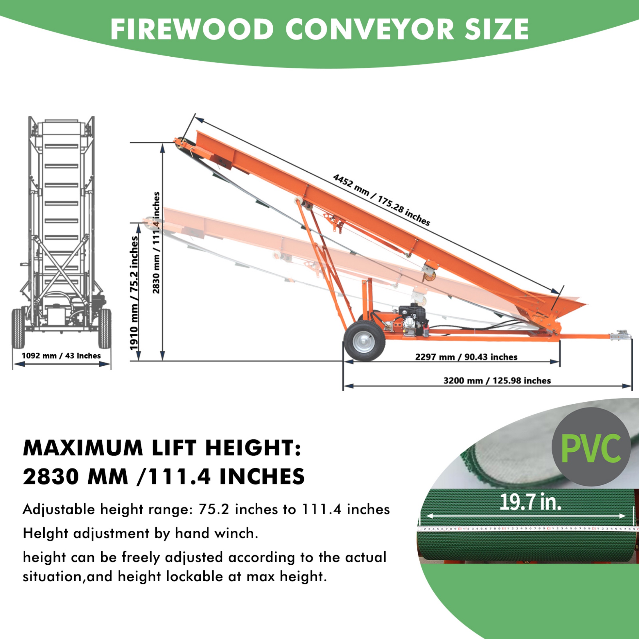 Firewood Conveyor 6.5HP 208cc Gasoline Powered 19.7" Width PVC Belt Wood Conveyor Lifter Elevator with B&S Engine
