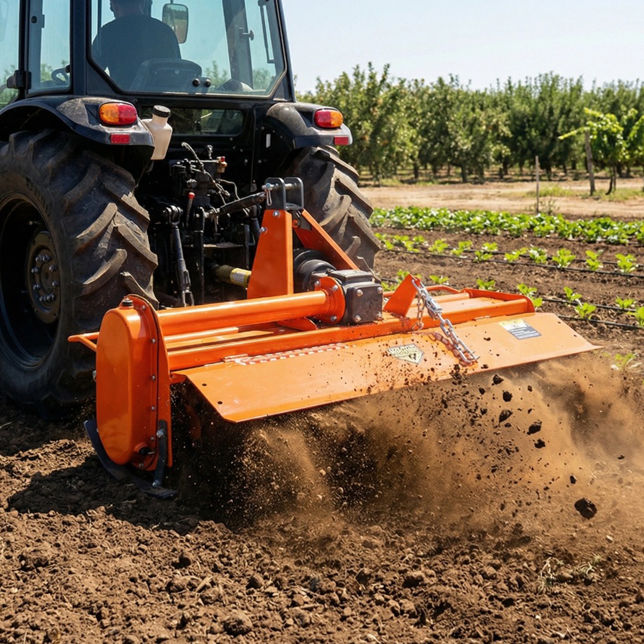 QEEKA 3-Point 45"Rotary Tiller Attachment for Cat 1 Tractors, 540 RPM PTO Driven Cultivator, Replaceable L-Shaped Tines, 5" Working Depth