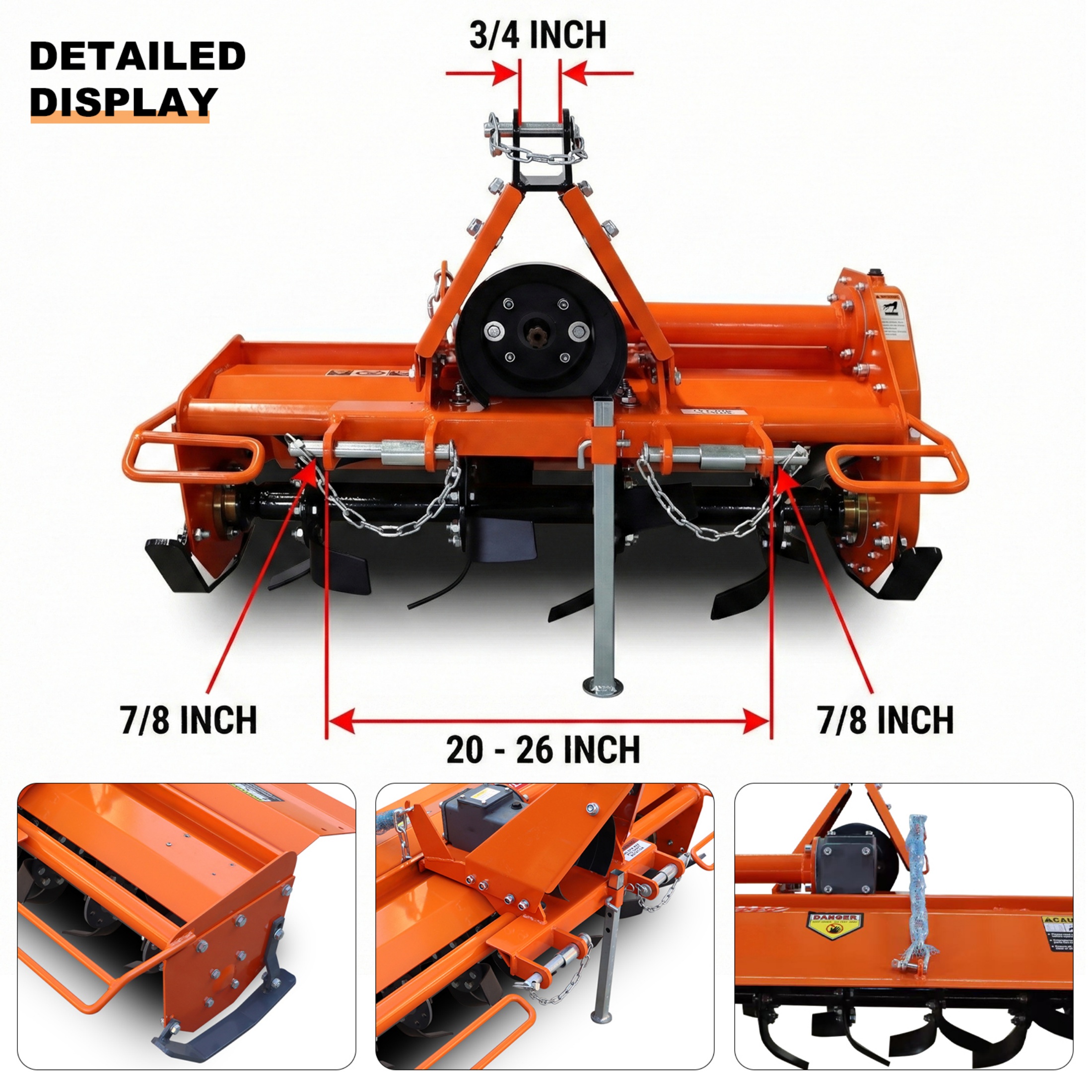 QEEKA 3-Point 45"Rotary Tiller Attachment for Cat 1 Tractors, 540 RPM PTO Driven Cultivator, Replaceable L-Shaped Tines, 5" Working Depth