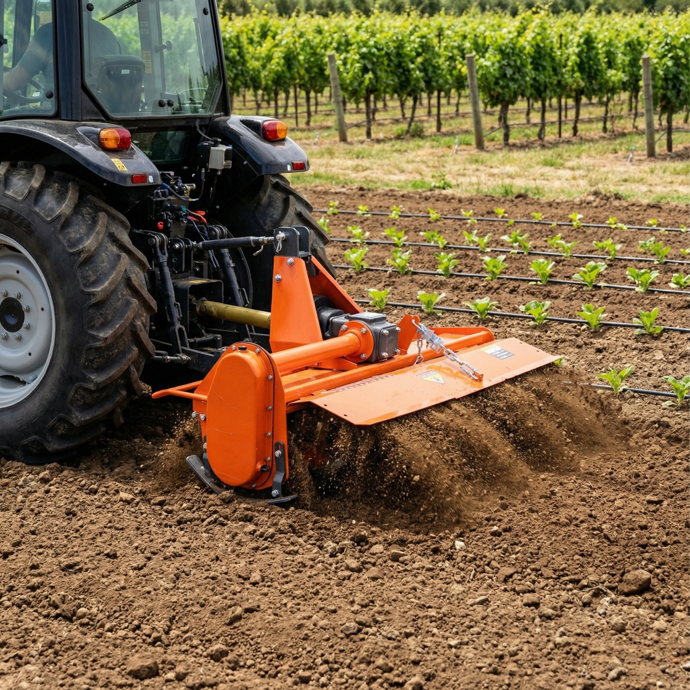 QEEKA 3-Point 45"Rotary Tiller Attachment for Cat 1 Tractors, 540 RPM PTO Driven Cultivator, Replaceable L-Shaped Tines, 5" Working Depth