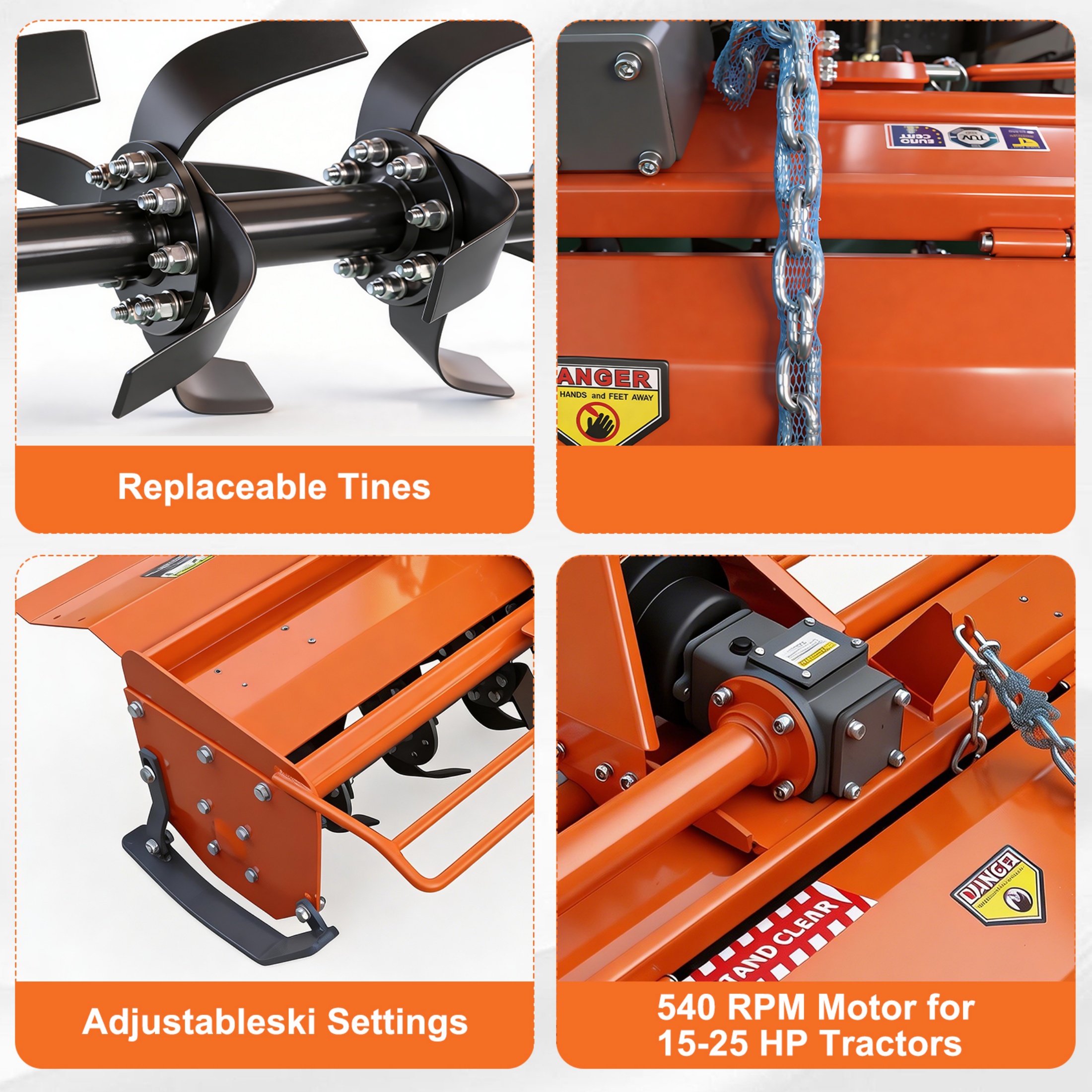 QEEKA 37" Rotary Tiller Attachment for Category 1 Tractors,3-Point Hitch, 540 RPM PTO Driven,with Replaceable L-Shaped Tines,5" Working Depth,Orange