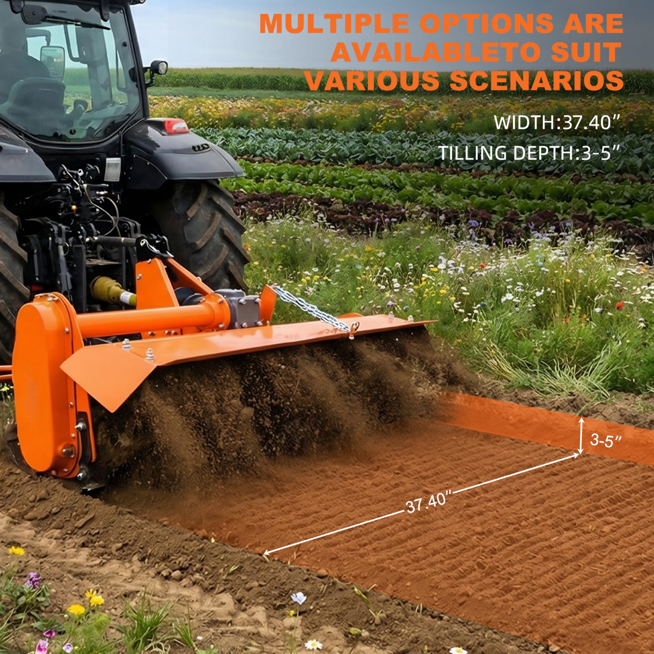 QEEKA 37" Rotary Tiller Attachment for Category 1 Tractors,3-Point Hitch, 540 RPM PTO Driven,with Replaceable L-Shaped Tines,5" Working Depth,Orange