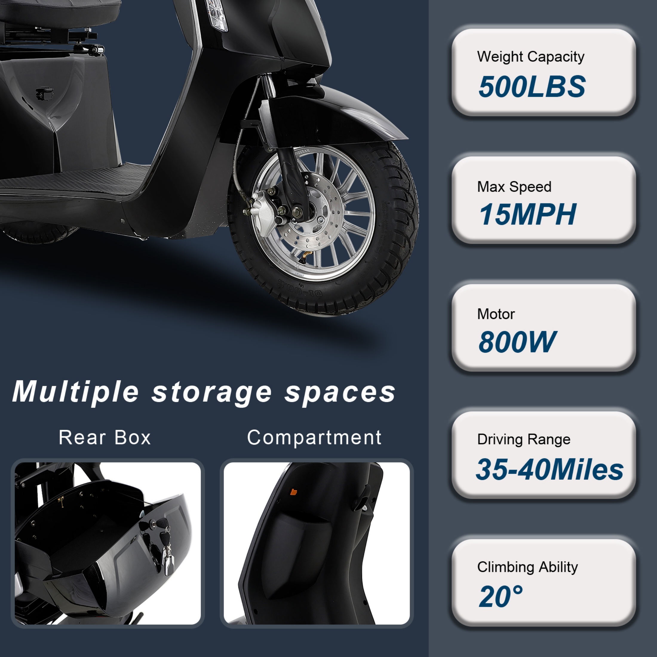 Mobility Scooter ,3-Wheel Heavyweight Mobility Scooter with 500 lb Limit, Black