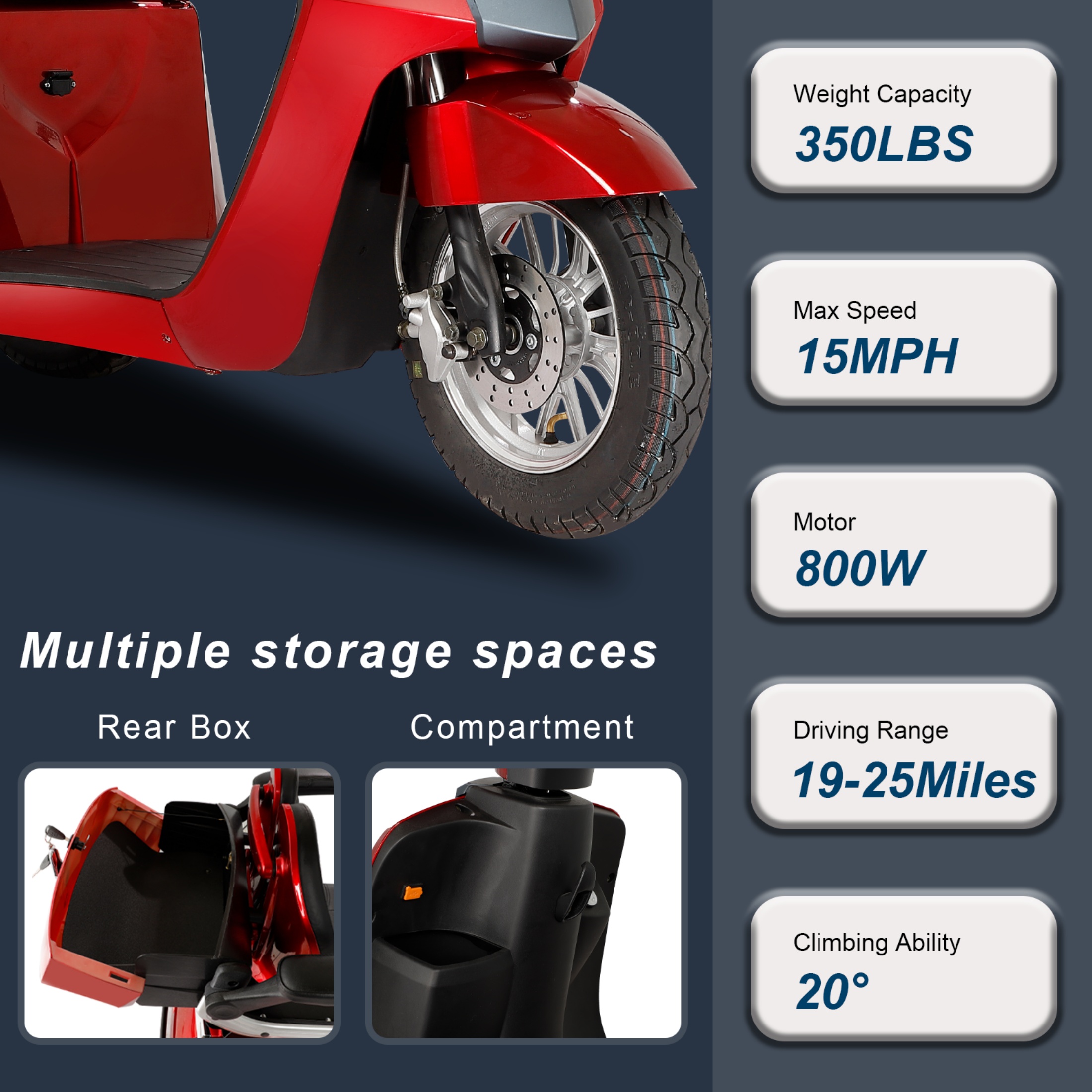 QEEKA Heavy Duty 3 Wheel Mobility Scooters for Seniors & Adults 500lbs Capacity,Red