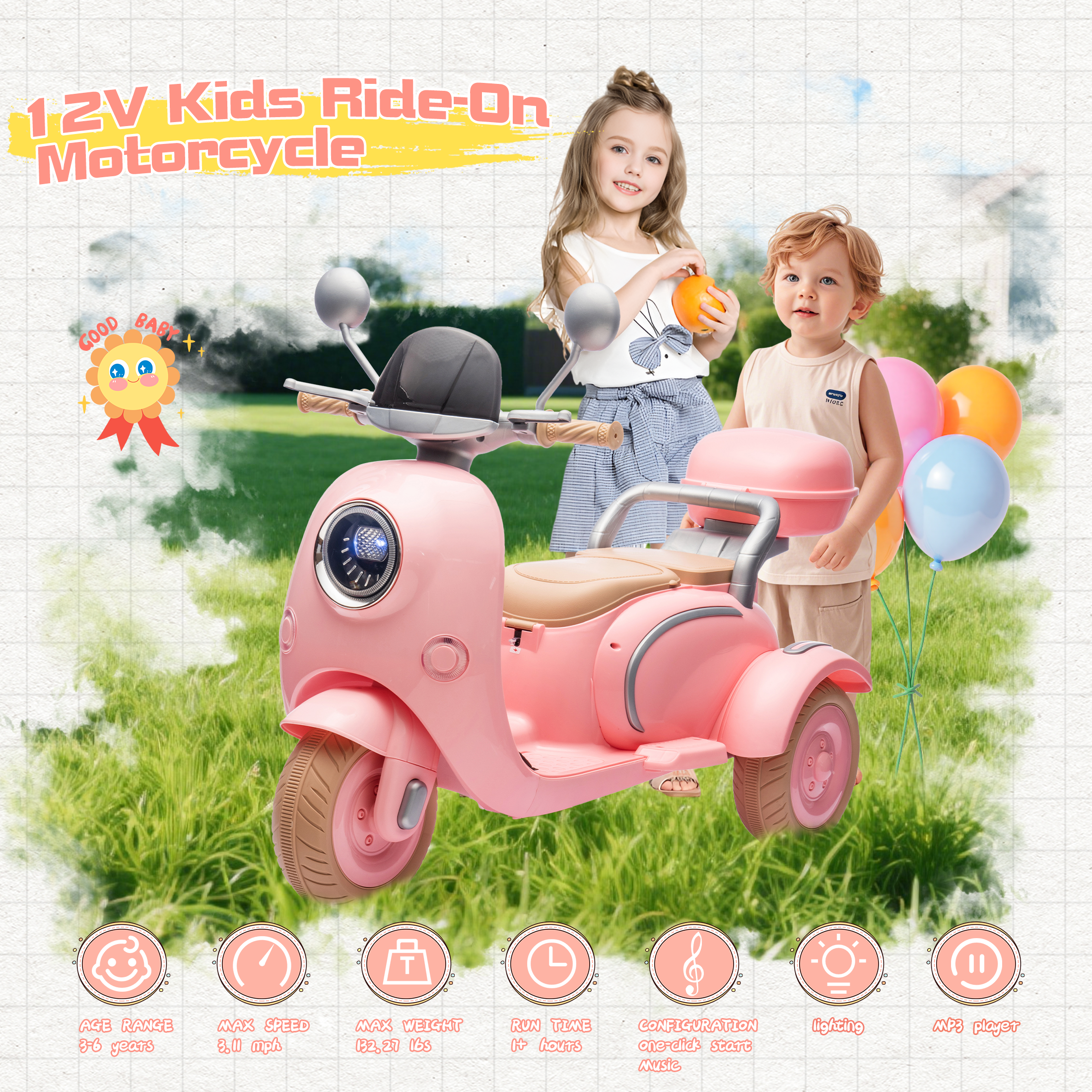 QEEKA 12V Electric Kids Motorcycle,2 Seater Ride on 3 Wheel Scooter,Multi-function player,USB,Bluetooth,light,Backseat flip adult seat,Oversized Storage Box for kids Aged 3-6