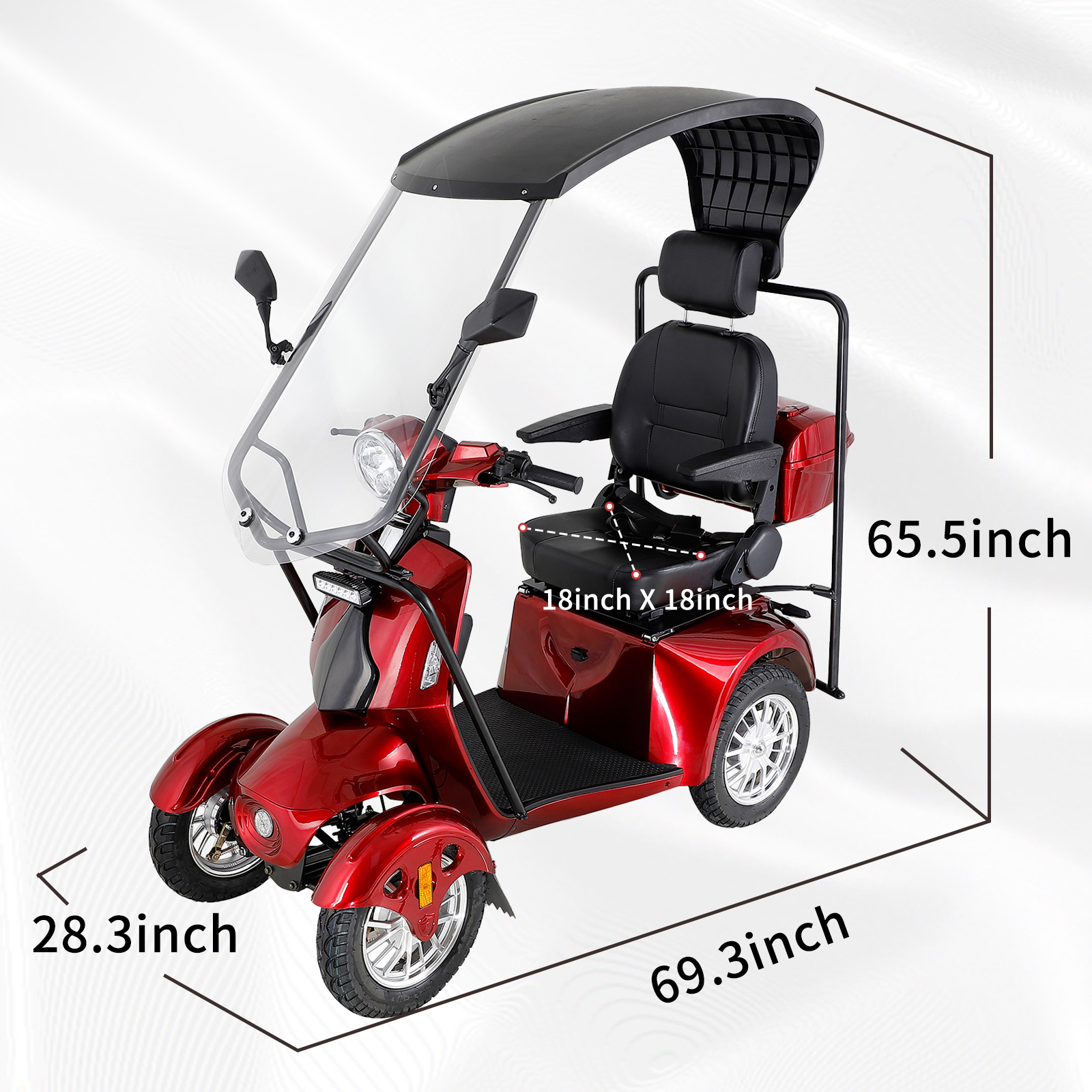 QEEKA Mobility Scooters for Seniors and Adults,Powered Mobility Scooters with Multiple Storage Space,500Lbs Capacity-800W,full LED Lighting,Red-roof