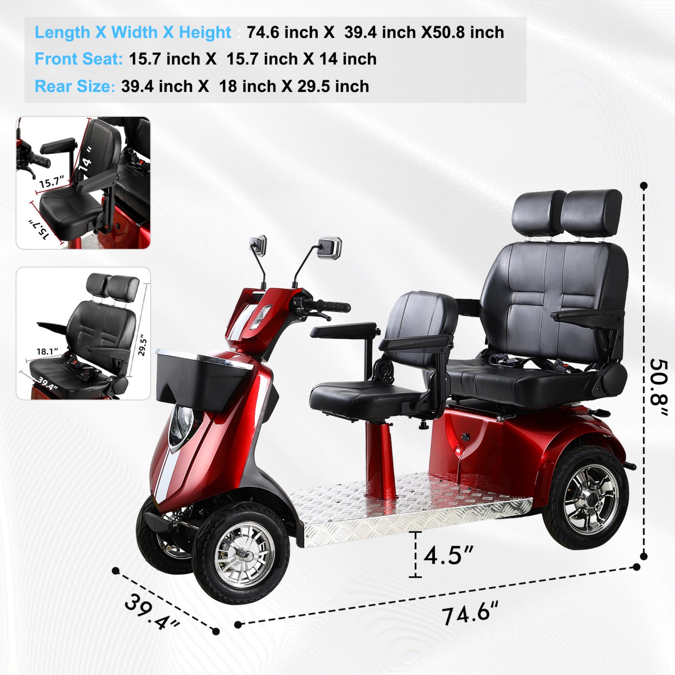 QEEKA Multi Seat Mobility Scooter,Size Robust Design, Stable & Comfortable for Travel,1000W Heavy Duty 4 Wheel Mobility Scooters 600Lbs,25-31 Miles of Range,Red