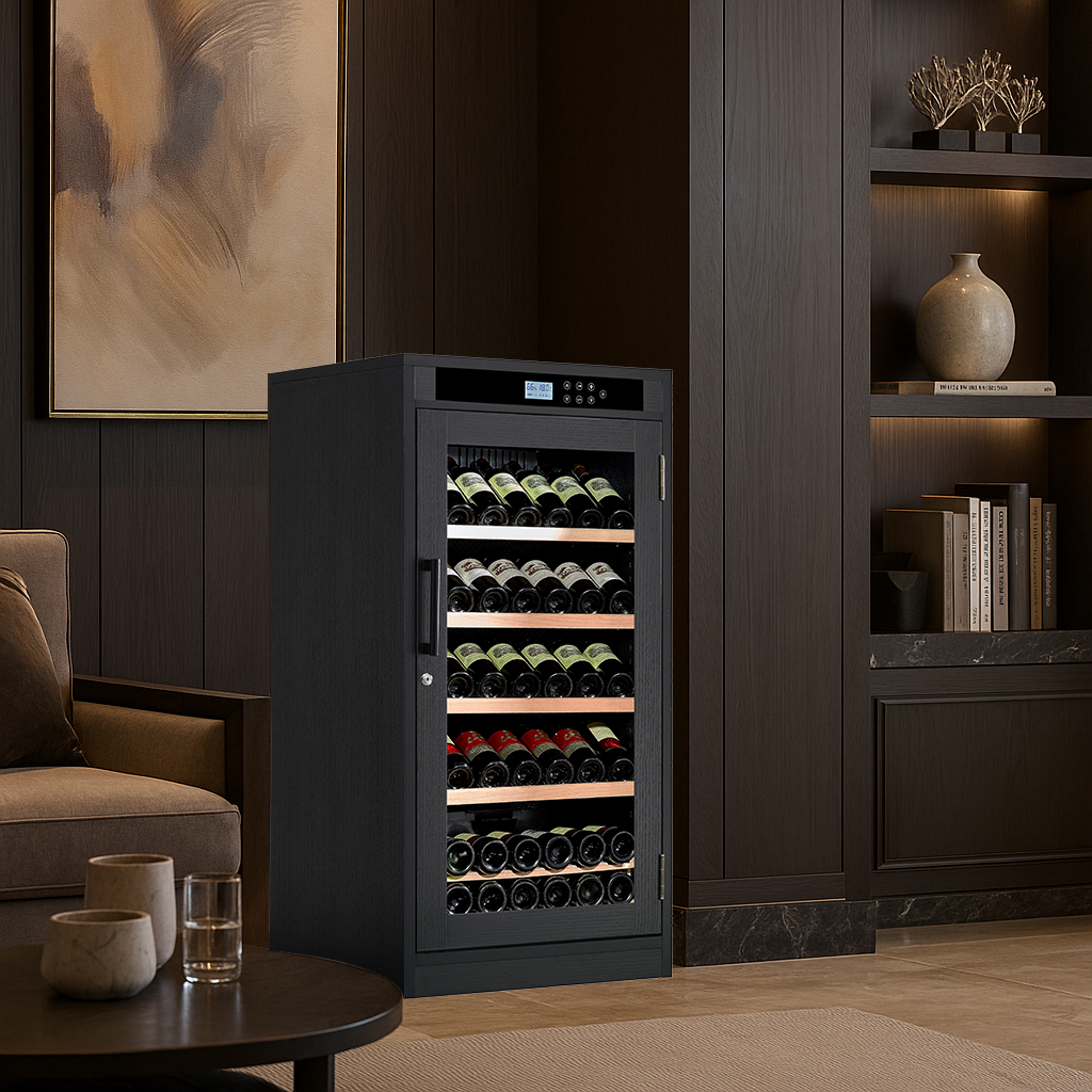 CTOSPOATO 69 Bottle Wine Cooler,Compressor Wine Cabinet with LED Touch Screen,Constant Temperature & Humidity Control,Double-Layer Tempered Glass,Black Wood for Home Bar,Kitchen,Black