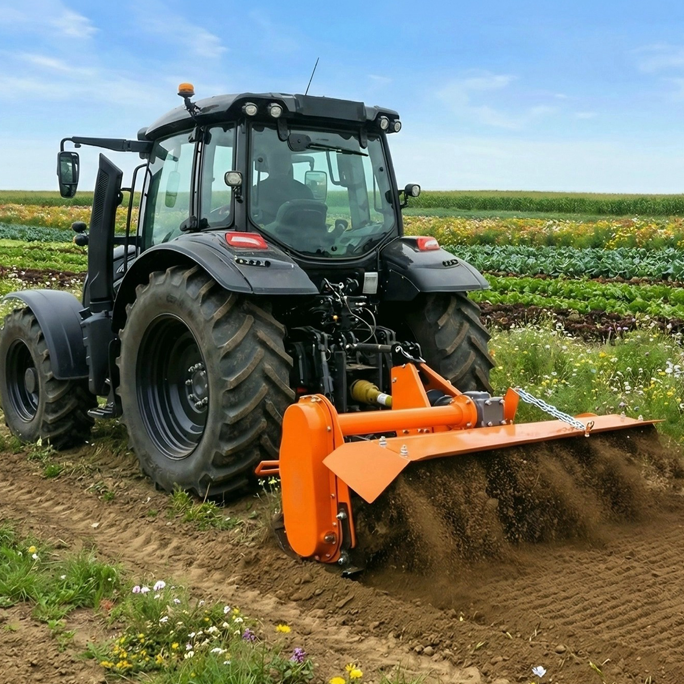 QEEKA 37" Rotary Tiller Attachment for Category 1 Tractors,3-Point Hitch, 540 RPM PTO Driven,with Replaceable L-Shaped Tines,5" Working Depth,Orange