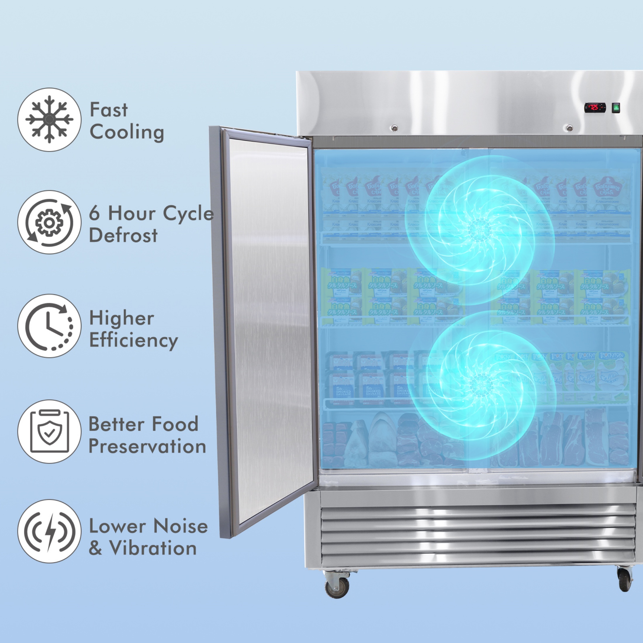 QEEKA 54"W 2 Door Commercial Freezer,Stainless Steel Interior and Exterior for Restaurant,Bar,Shop