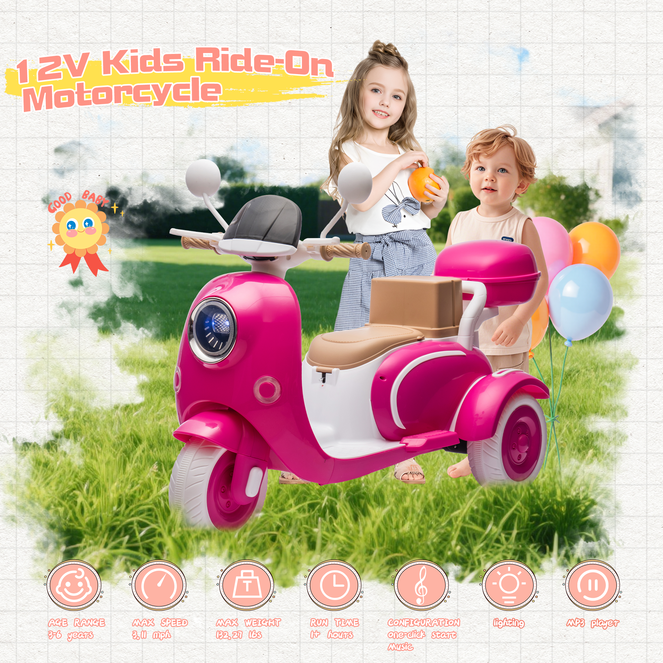 QEEKA 12V Electric Kids Motorcycle,2 Seater Ride on 3 Wheel Scooter,Multi-function player,USB,Bluetooth,light,Backseat flip adult seat,Oversized Storage Box for kids Aged 3-6