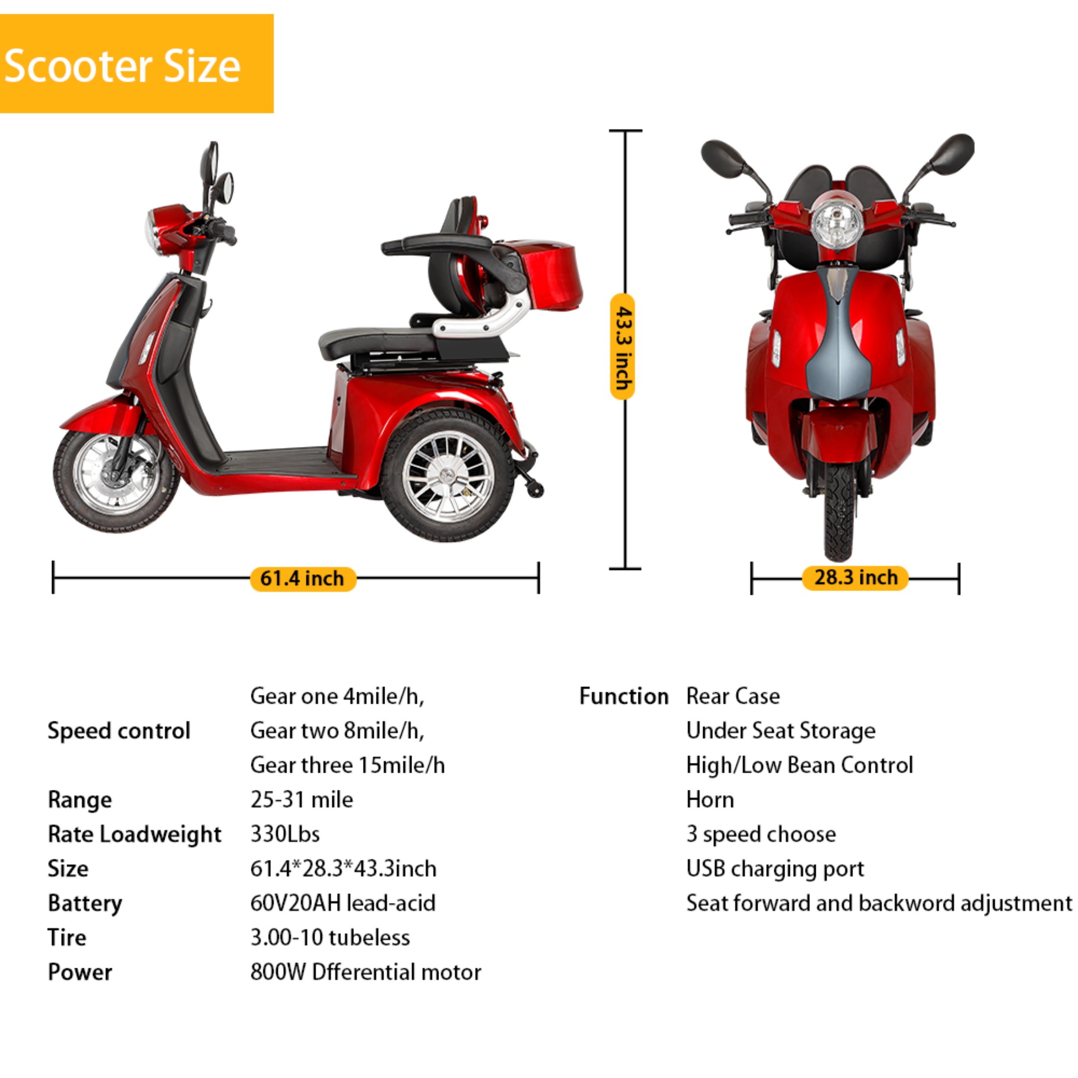 QEEKA Heavy Duty 3 Wheel Mobility Scooters for Seniors & Adults 500lbs Capacity,Red