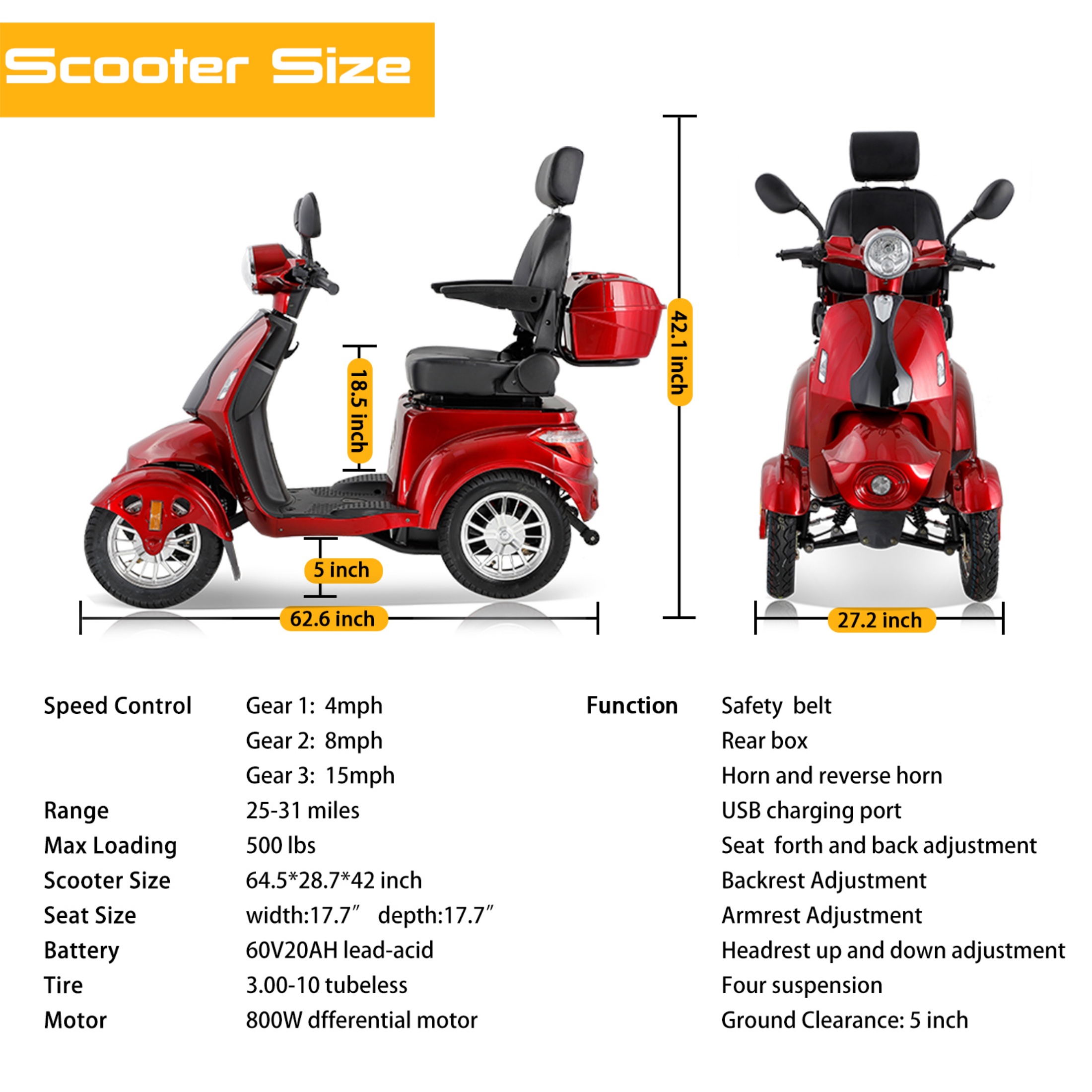 QEEKA 4 Wheel Heavy Duty Mobility Scooters for Seniors & Adults 500lbs Capacity,800W,for Travel Electric Powered Wheelchair Device,Red