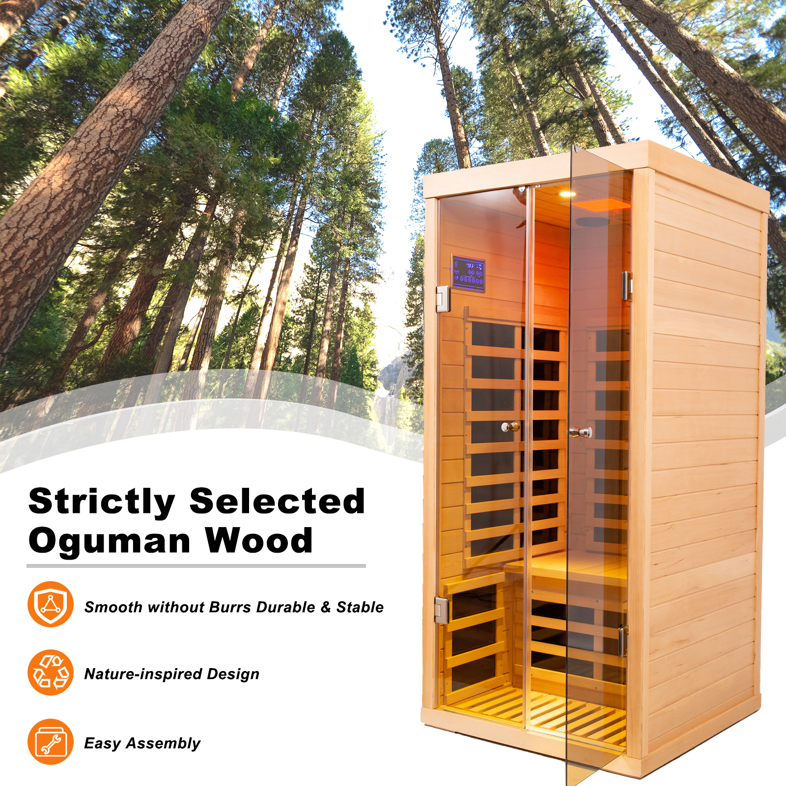 CTOSPOATO 1 Person Infrared Sauna for Home Deluxe Transparent Large Glass Hemlock Wood Low EMF FAR Infrared Sauna,1420 watts 7 Heating Panels Indoor Personal Saunas with Blue-Tooth,LCD Display