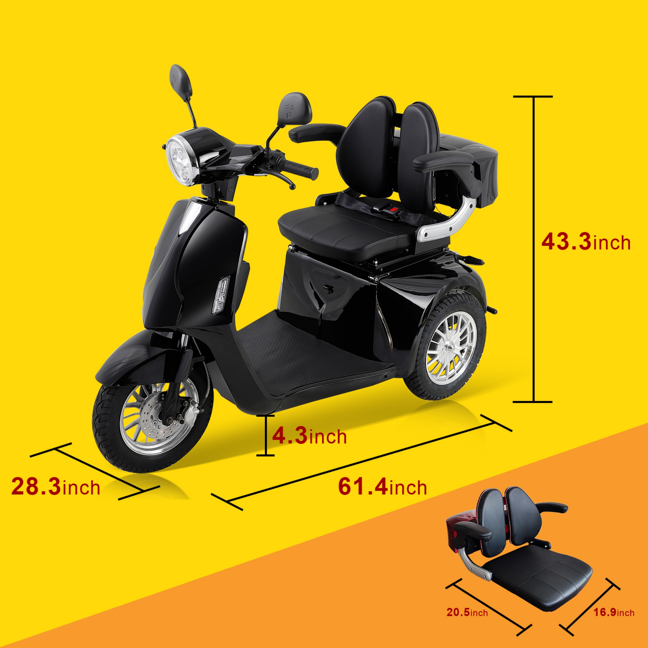Mobility Scooter ,3-Wheel Heavyweight Mobility Scooter with 500 lb Limit, Black