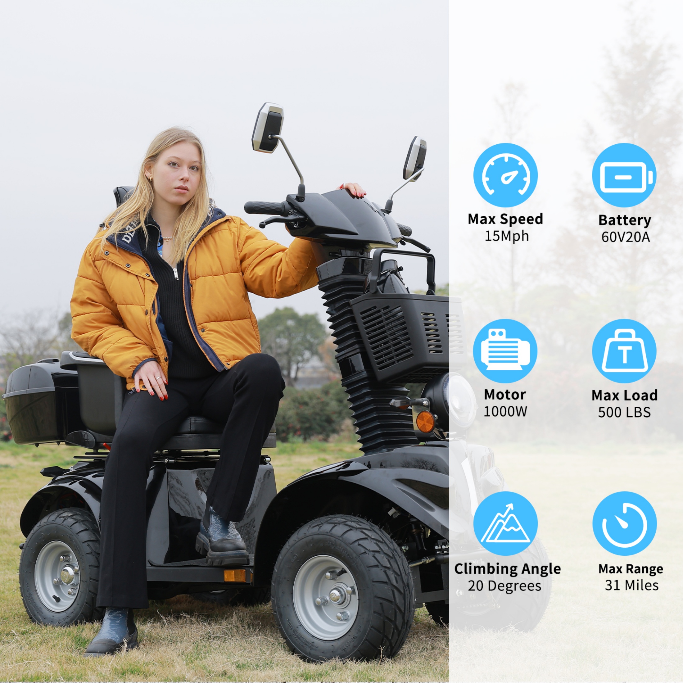 QEEKA Mobility Scooter,Heavy Duty 4 Wheel Mobility Scooters,1000W All Terrain for Seniors & Adults,600 lbs Capacity,Black