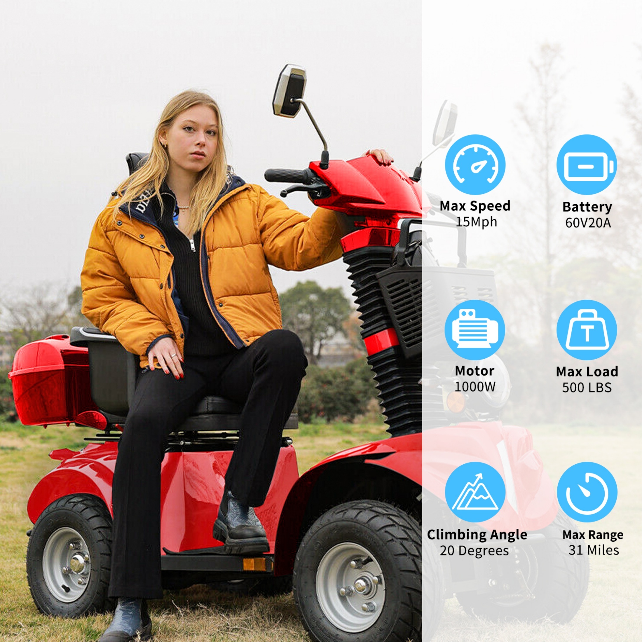 QEEKA Heavy Duty 4 Wheel Mobility Scooters,1000W All Terrain for Seniors & Adults,600 lbs Capacity,Red