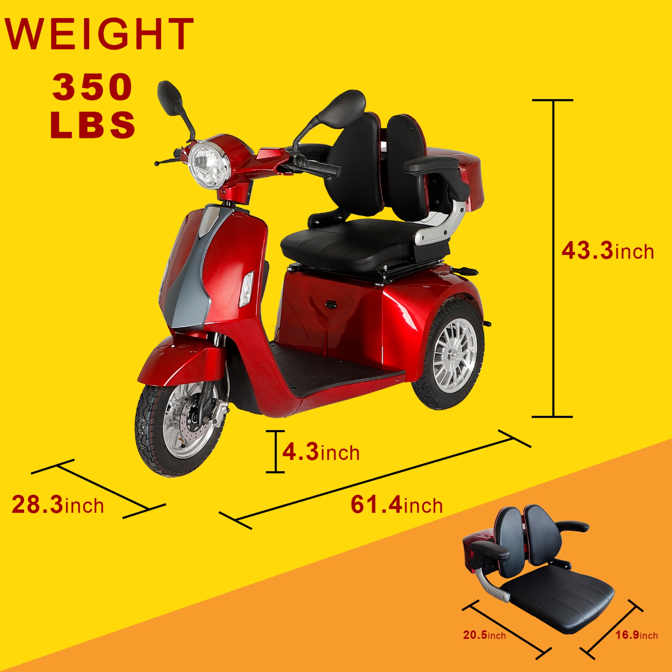 QEEKA Heavy Duty 3 Wheel Mobility Scooters for Seniors & Adults 500lbs Capacity,Red
