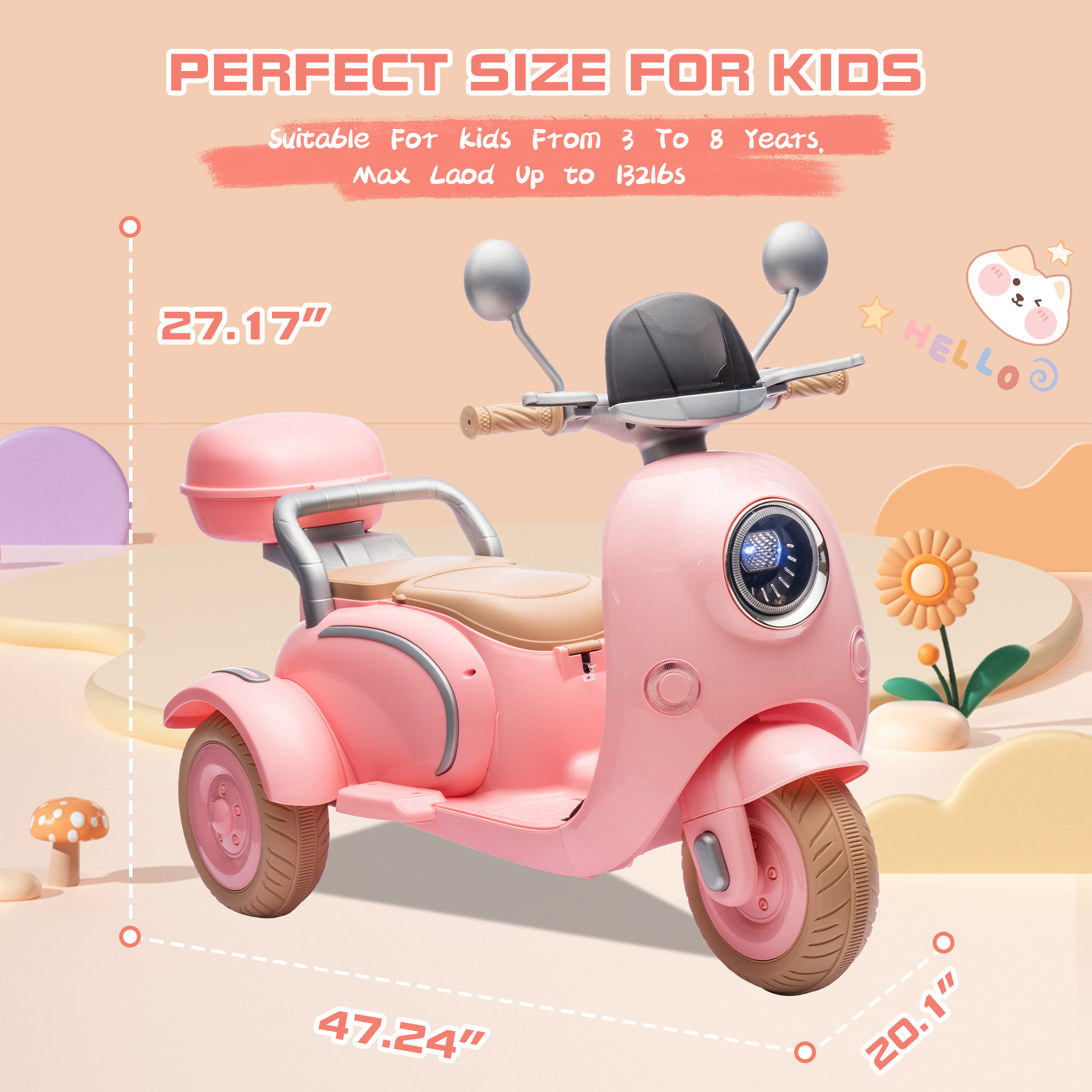 QEEKA 12V Electric Kids Motorcycle,2 Seater Ride on 3 Wheel Scooter,Multi-function player,USB,Bluetooth,light,Backseat flip adult seat,Oversized Storage Box for kids Aged 3-6