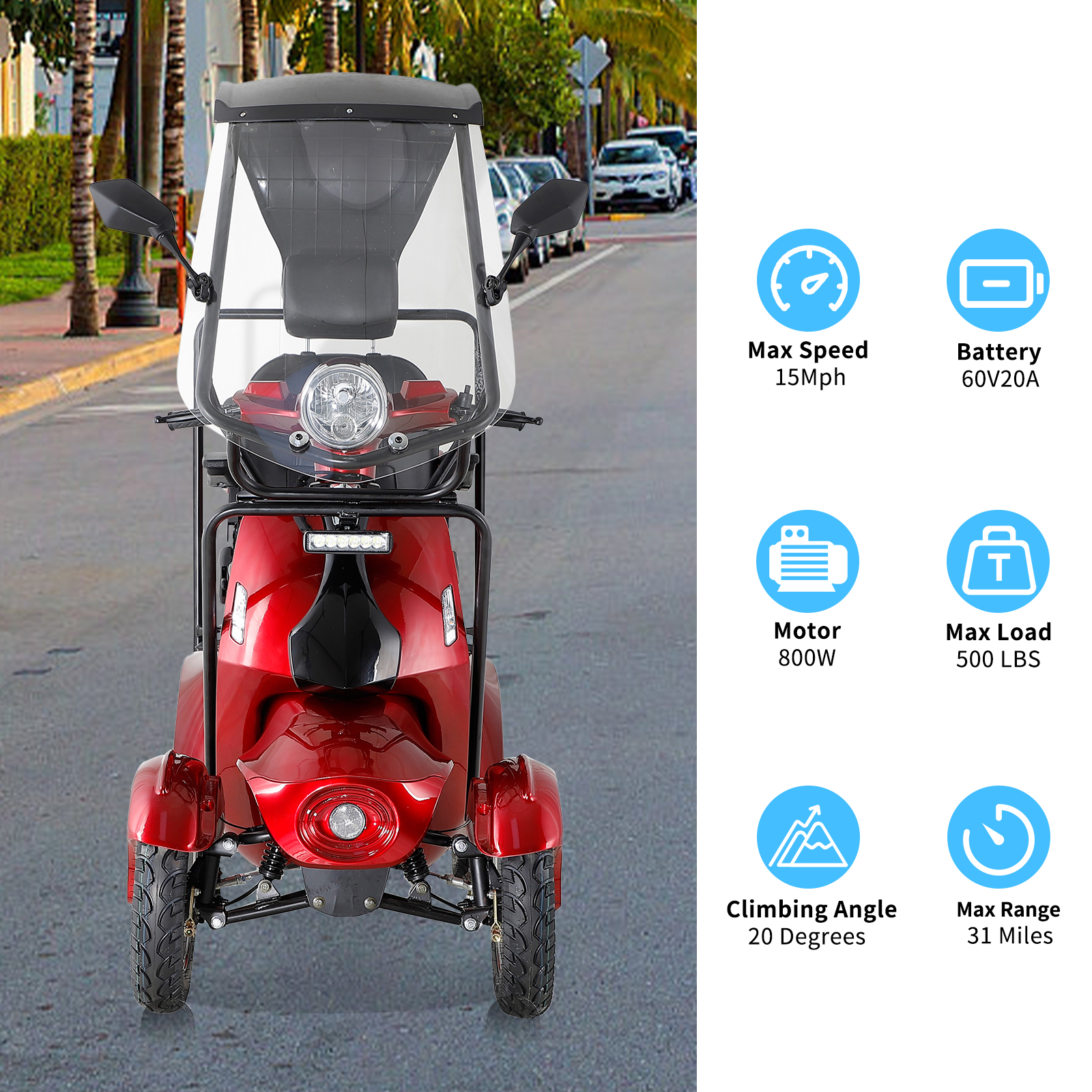 QEEKA Mobility Scooters for Seniors and Adults,Powered Mobility Scooters with Multiple Storage Space,500Lbs Capacity-800W,full LED Lighting,Red-roof
