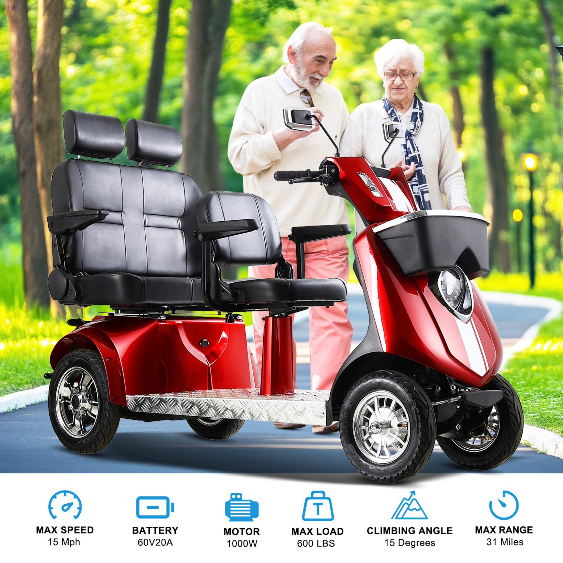 QEEKA Multi Seat Mobility Scooter,Size Robust Design, Stable & Comfortable for Travel,1000W Heavy Duty 4 Wheel Mobility Scooters 600Lbs,25-31 Miles of Range,Red