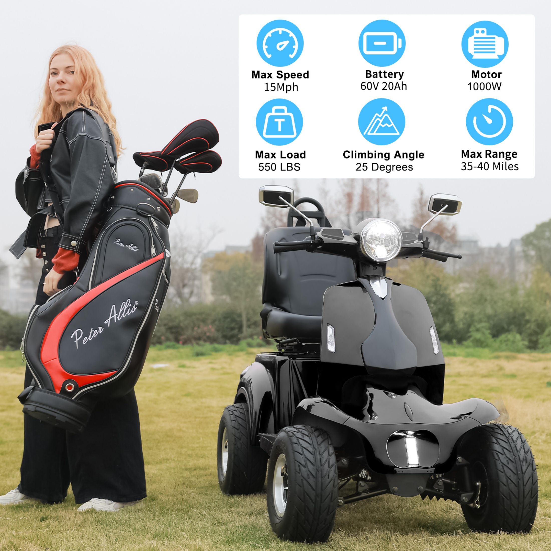 Mobility Scooter, Heavy Duty Electric Golf Cart 4 Wheel Powered Mobility Scooters for Seniors & Adults,Powerful Battery with Rear Lockbox & Golf Cart Rack Adjustable Seat,Black